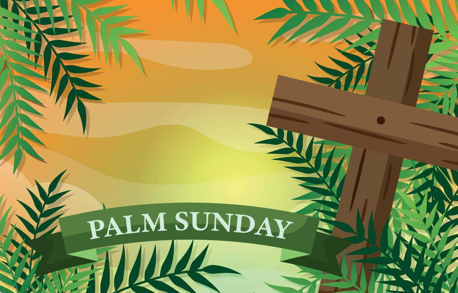 Palm Leaves 桌布 壁紙 — 一個木製十字架矗立在茂密的綠色棕櫚葉中，背景是溫暖的日落天空，並有一個寫著「棕枝主日」的橫幅。