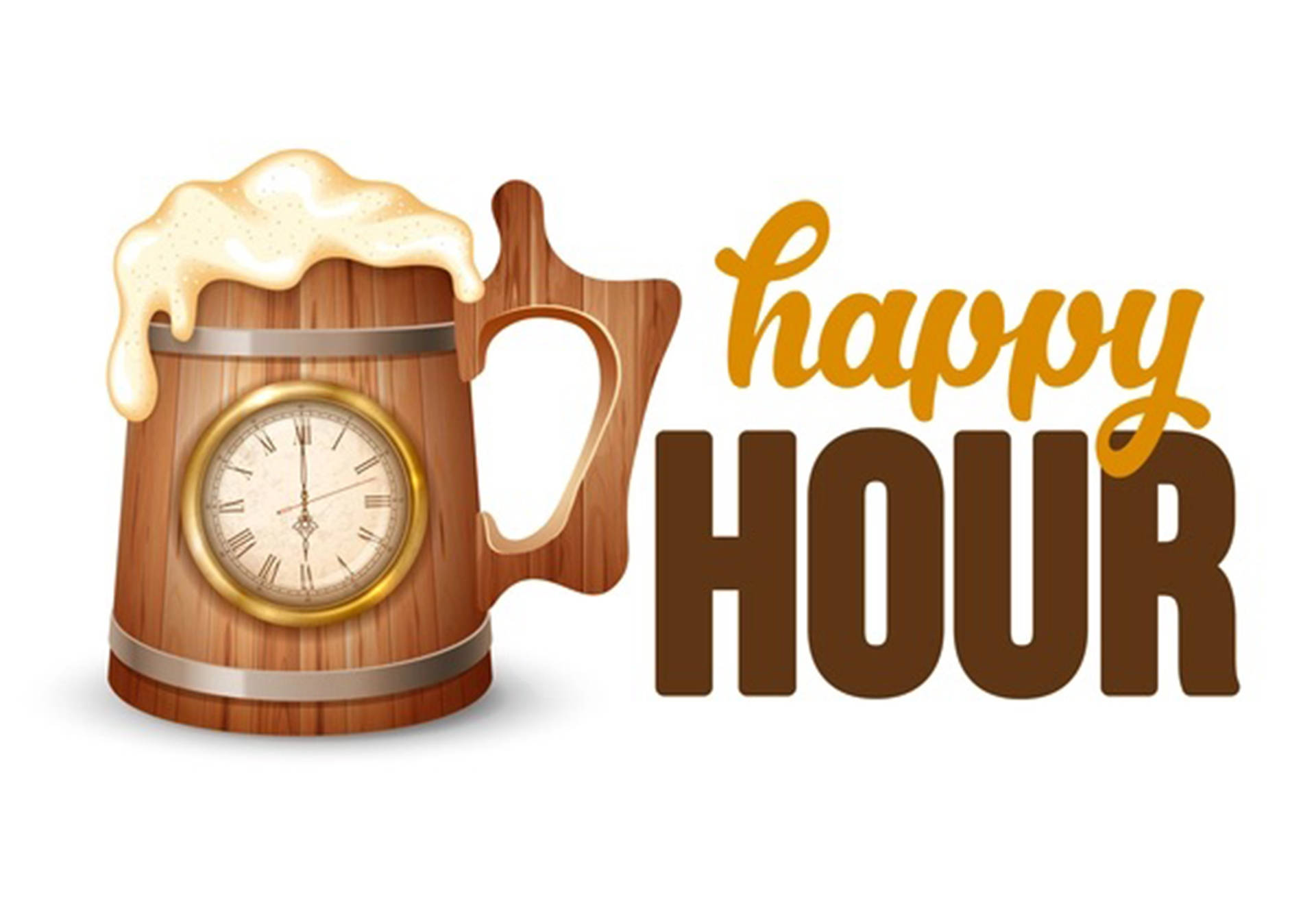 Hour 桌布 壁紙 — 一個木製啤酒杯，泡沫溢出，側面嵌入一個鐘面，旁邊有「happy hour」文字。
