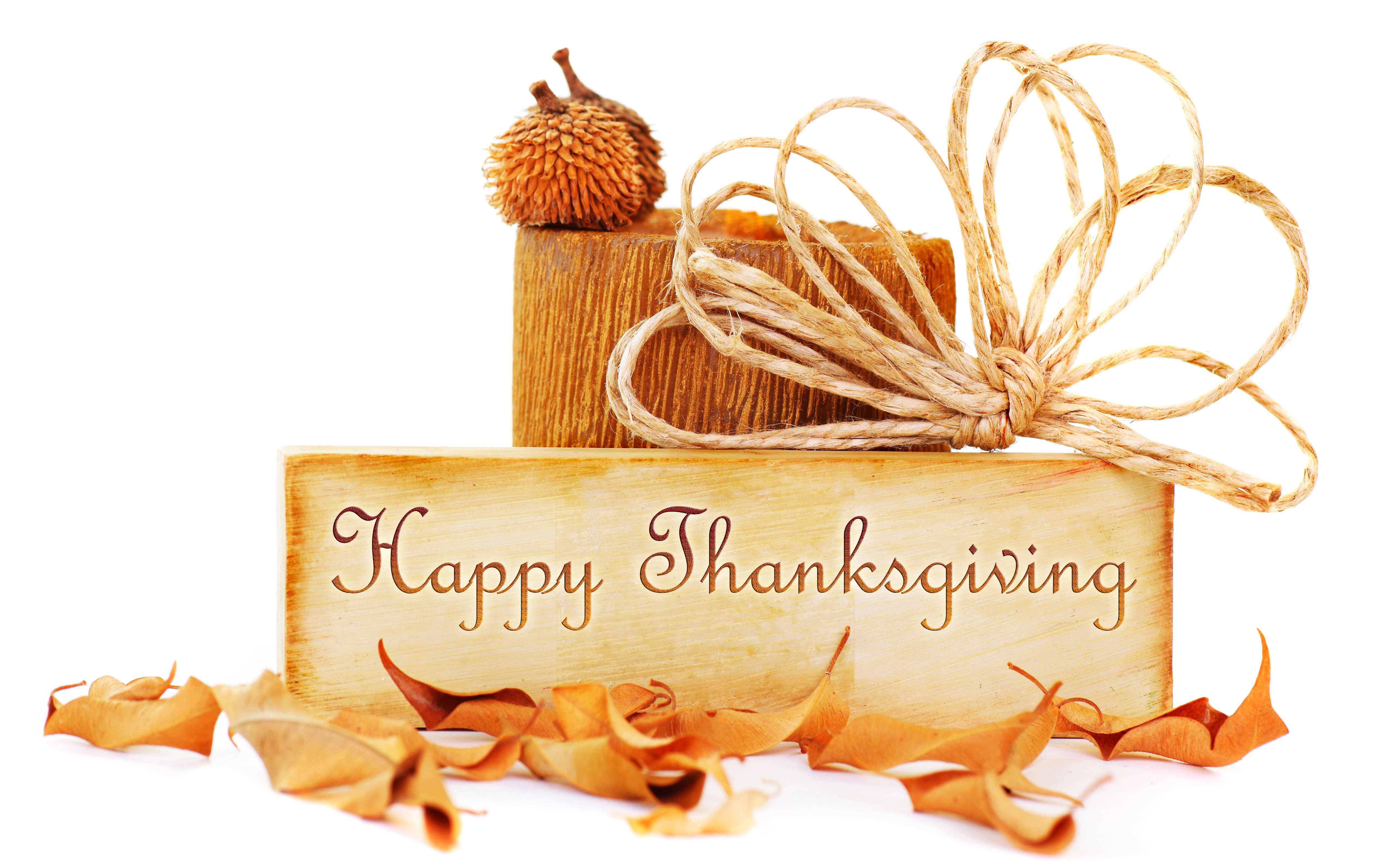 Cute Thanksgiving 桌布 壁紙 — 一個木製標牌上寫著「Happy Thanksgiving」，裝飾著松果麻繩蝴蝶結和散落的秋葉，背景為白色。