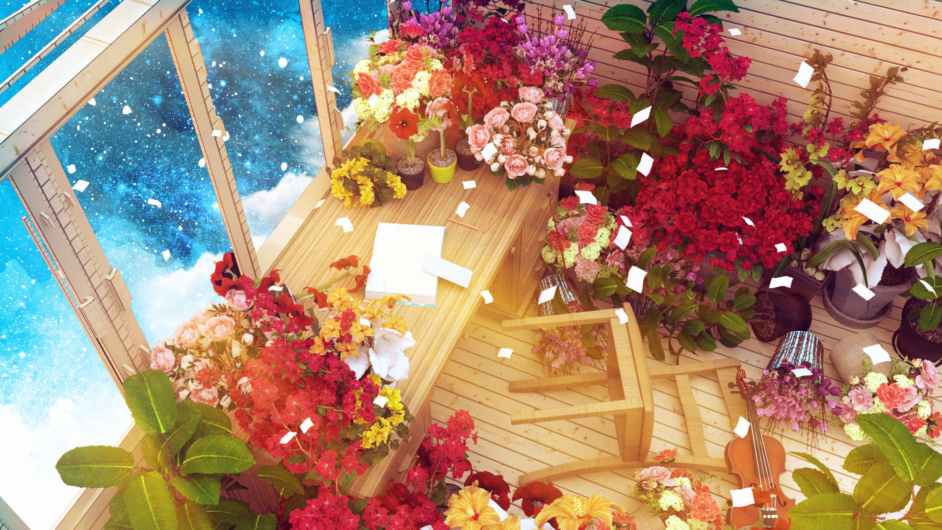 Anime Flower 桌布 壁紙 — 一個木製甲板，充滿鮮豔的花朵，在透過窗戶可見的星空下。