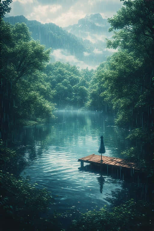Anime Rainy Lake in Green Forest Peaceful Nature 4K 壁紙 — 一個木製碼頭，帶有閉合的雨傘，延伸到被雨水沖刷的湖泊中，周圍是茂密的綠色森林和霧氣繚繞的山脈。