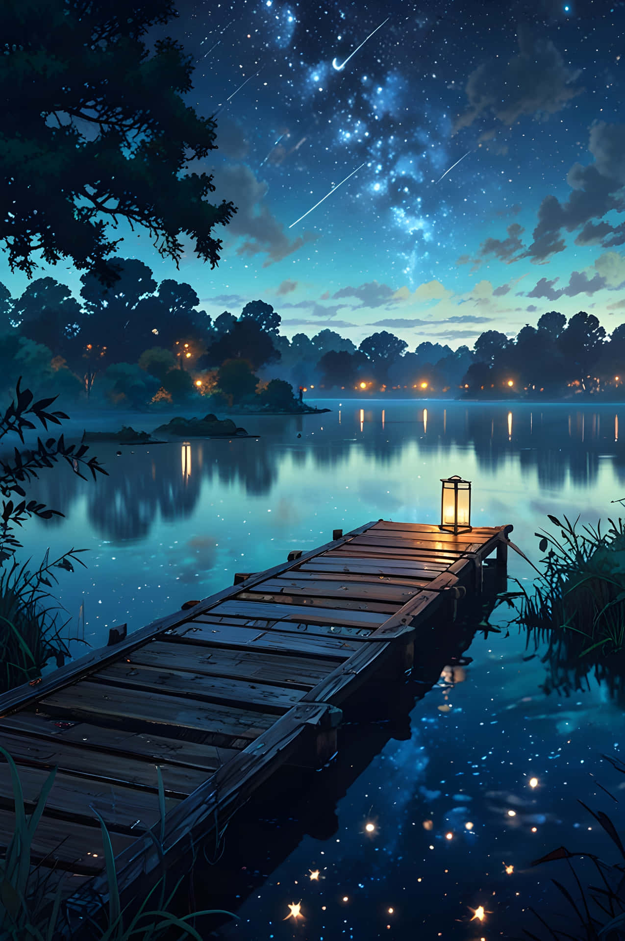 Lanterns on the Quiet Dock 壁紙 — 一個木製碼頭延伸到寧靜的湖泊中，在繁星點點的夜空下，有流星和發光的燈籠在它的盡頭。
