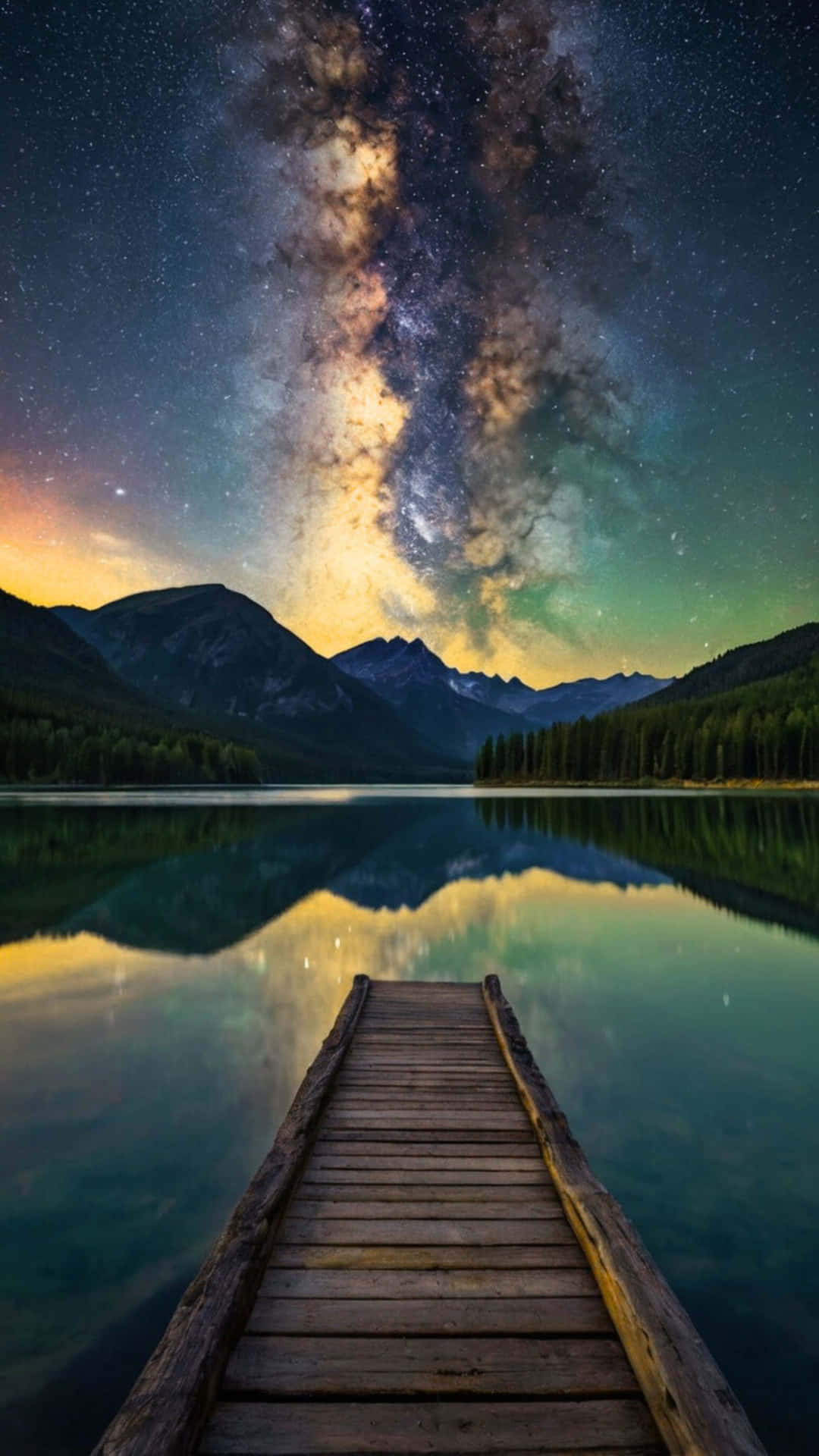 Milky Way Over Mountain Lake With Wooden Dock and Starry Night Reflection 壁紙 — 一個木製碼頭延伸到平靜的湖面，反射出燦爛的銀河拱起在剪影般的山脈之上。