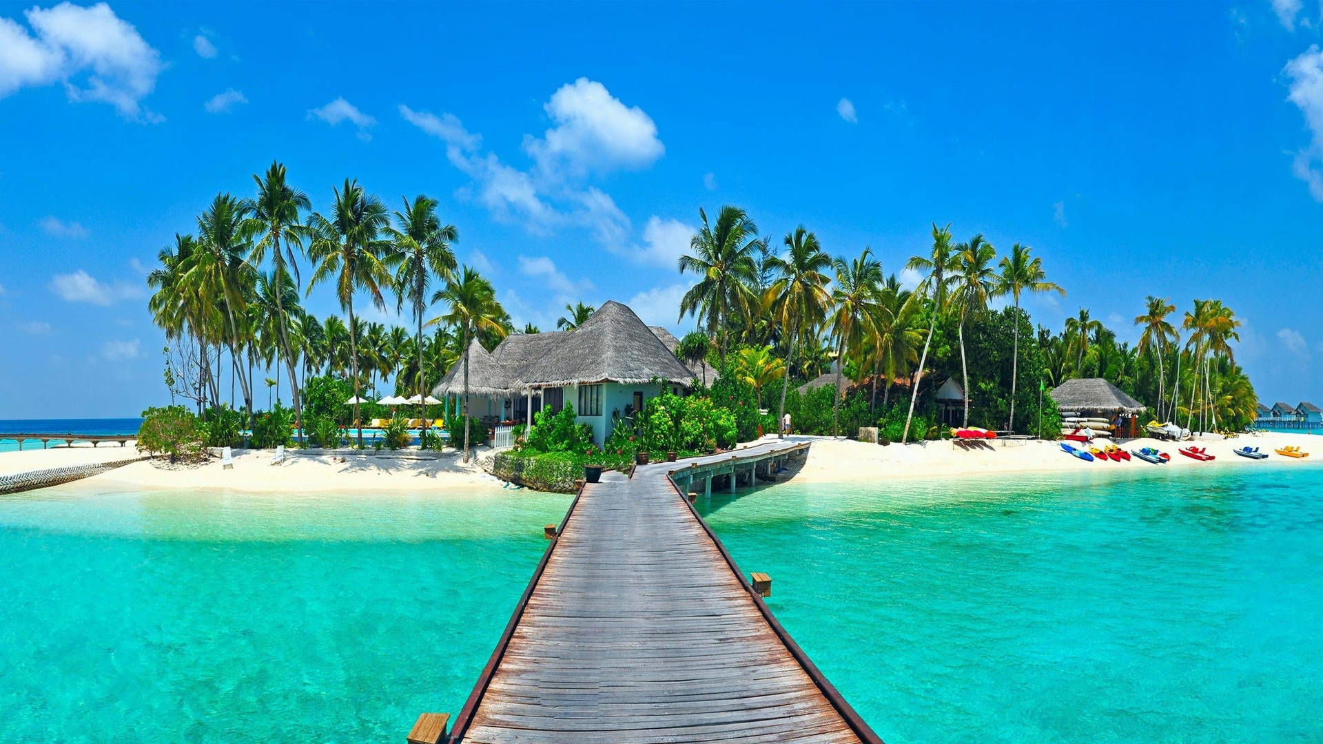 木製碼頭通往有棕櫚樹和海灘小屋的熱帶島嶼。 — Google Meet 壁紙