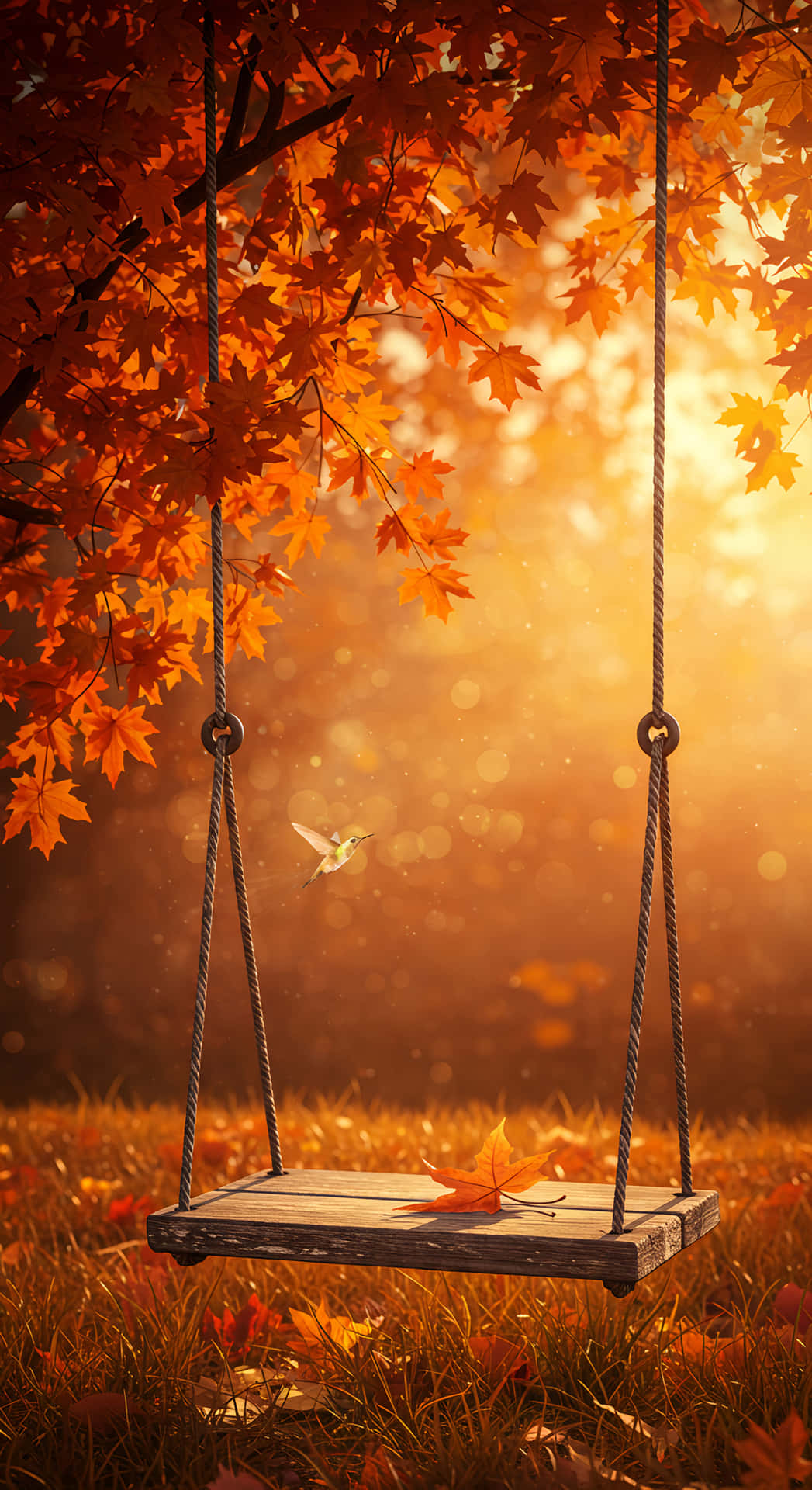 Autumn Swing, Golden Hour 壁紙 — 一個木製鞦韆懸掛在充滿活力的橙色楓葉樹冠下，一隻蜂鳥在金色陽光中飛過。