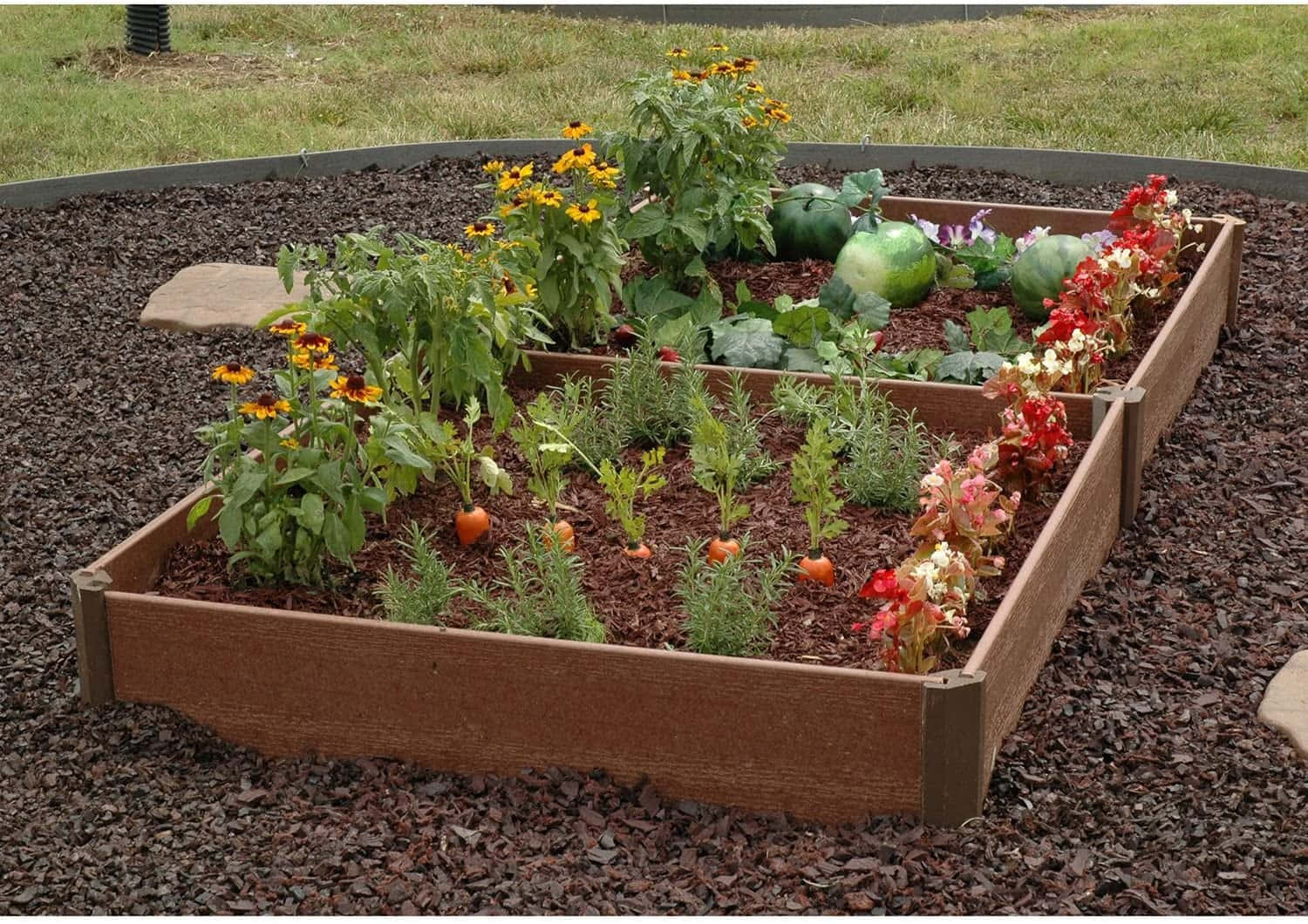 Garden Bed 桌布 壁紙 — 一個木製高架花園床，種滿了胡蘿蔔、香草、西瓜和色彩繽紛的花朵，周圍覆蓋著深色覆蓋物。
