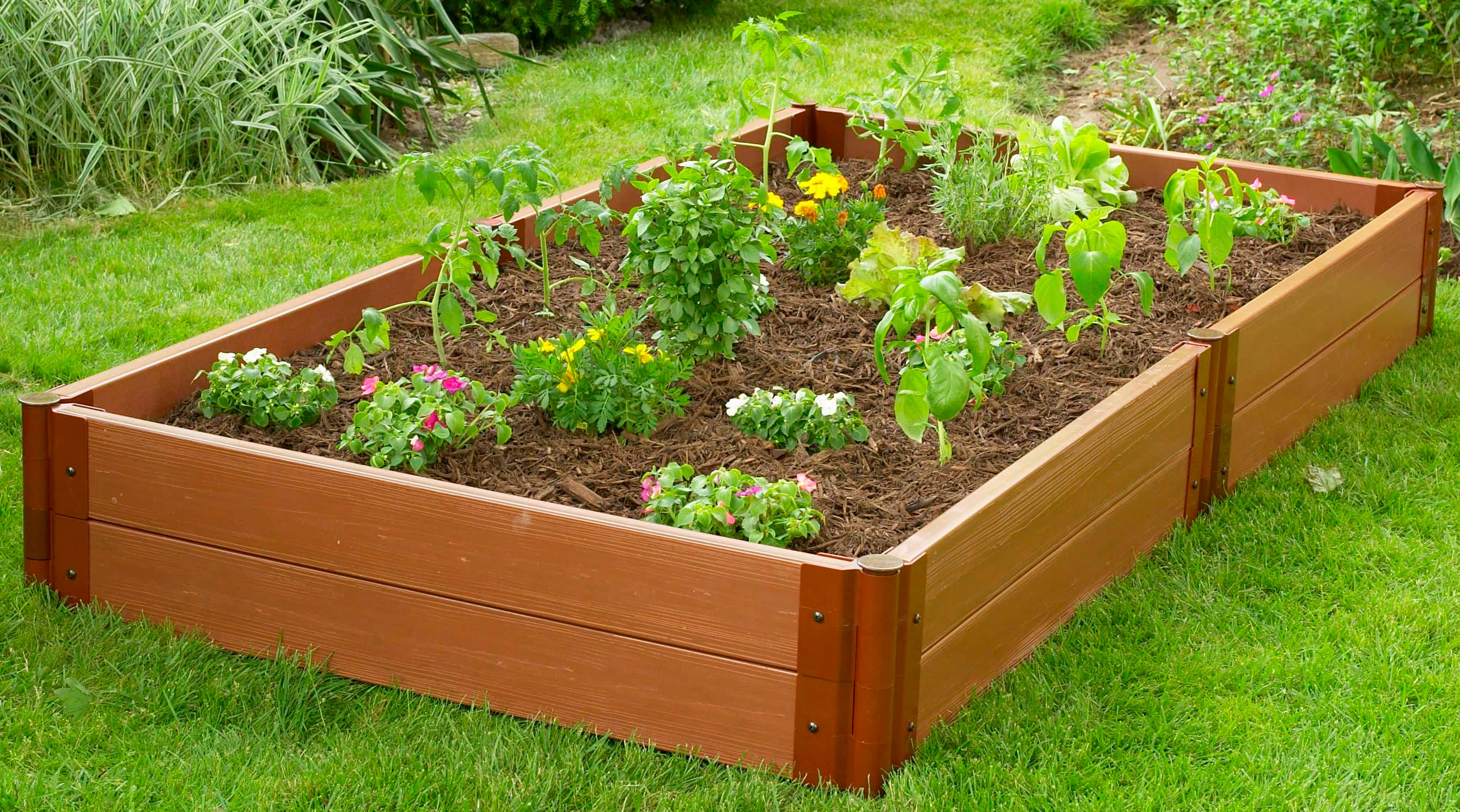 Garden Bed 桌布 壁紙 — 一個木製高架花園床，種滿茂盛的綠色植物和色彩繽紛的花朵，坐落在翠綠的草坪上。