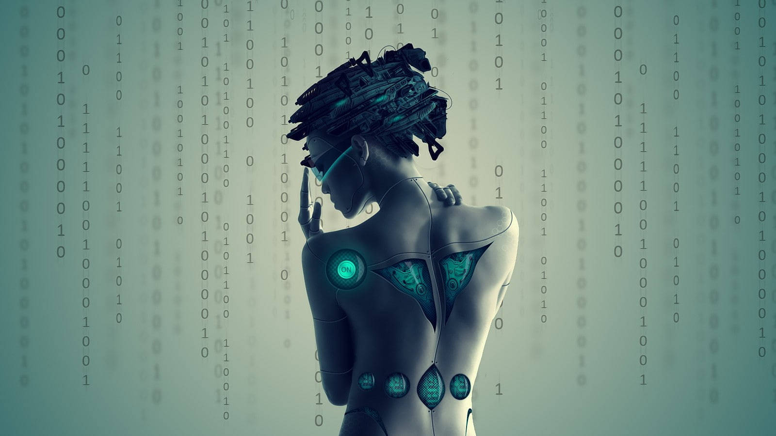 techno 桌布 壁紙 — 一個未來主義的人形機器人，帶有發光的青綠色電路和在其周圍的數位矩陣中落下的二進制代碼。
