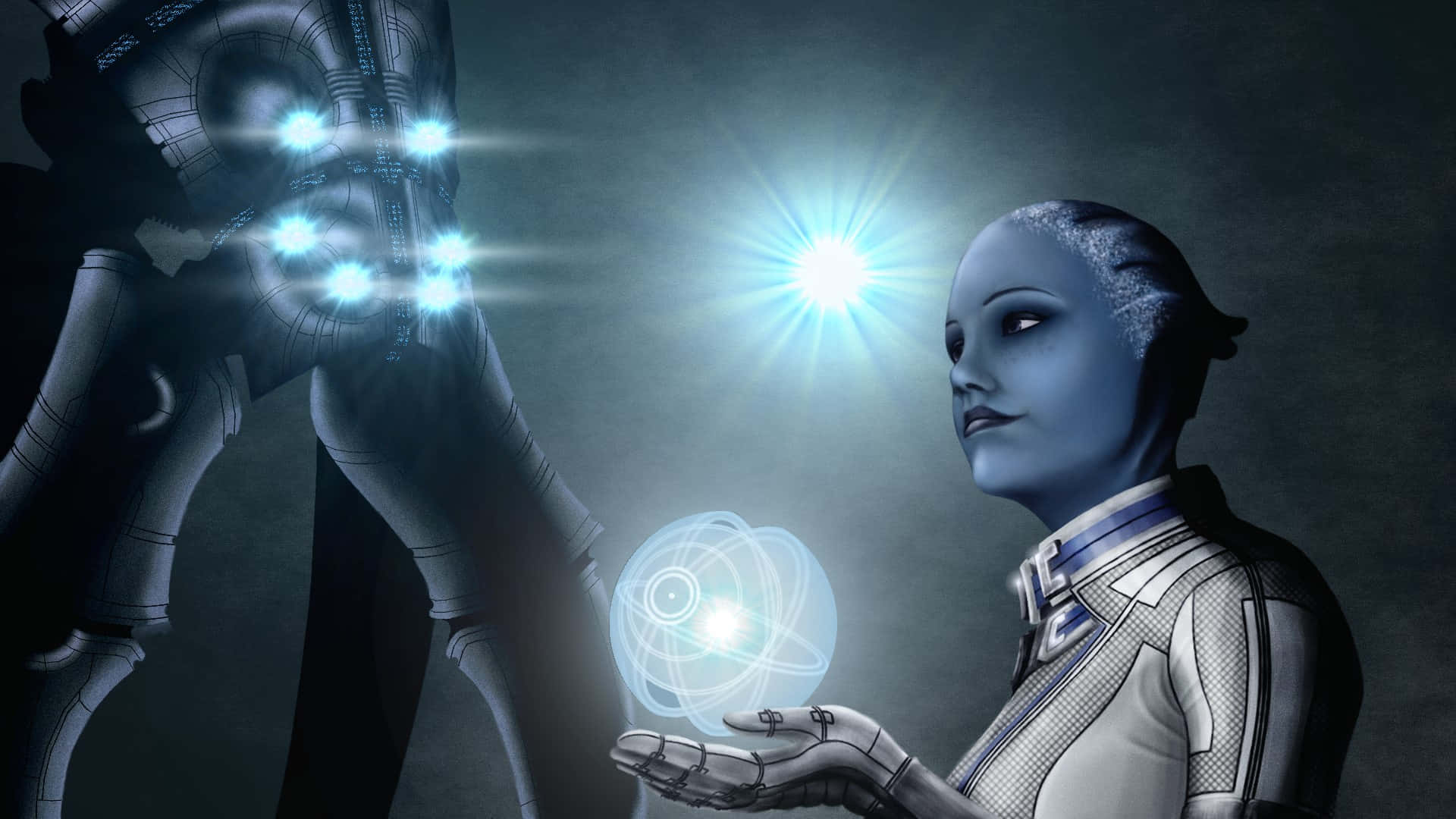 Liara T'soni 桌布 壁紙 — 一個未來主義的人形機器人，擁有發光的藍色眼睛和機械手臂，手持一個漂浮的能量球，面對一個高聳的機械實體，帶有明亮的藍色光芒。
