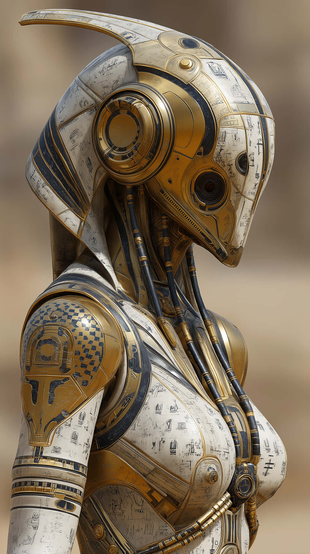 Regal Sci-Fi Egyptian Cyborg in Desert Environment 壁紙 — 一個未來主義的人形機器人，穿著金色和白色的盔甲，裝飾著古代象形文字和機械細節。