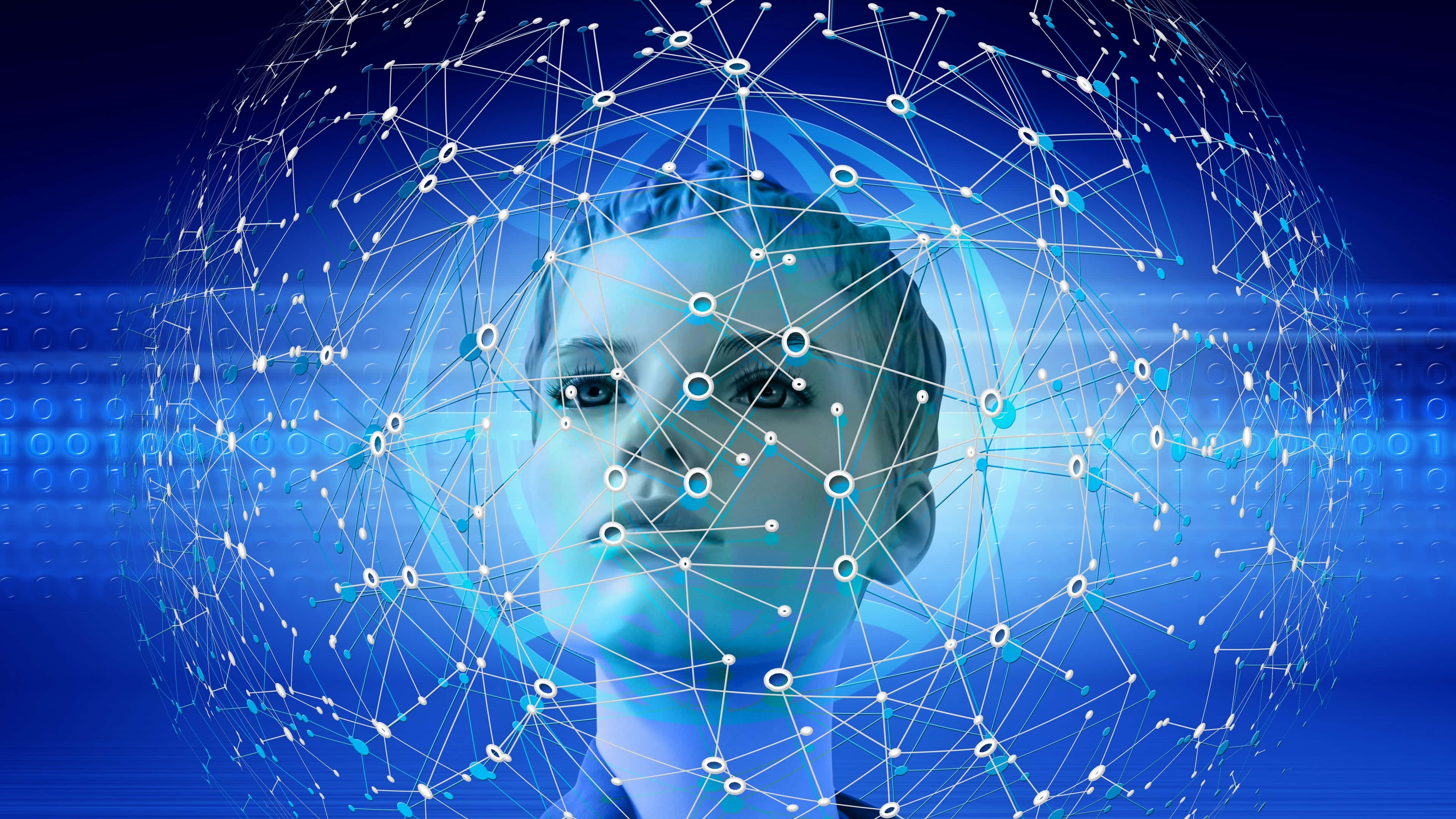 AI 桌布 壁紙 — 一個未來主義的人類頭部，被發光的藍色數位網路包圍，背景有二進位碼流動。