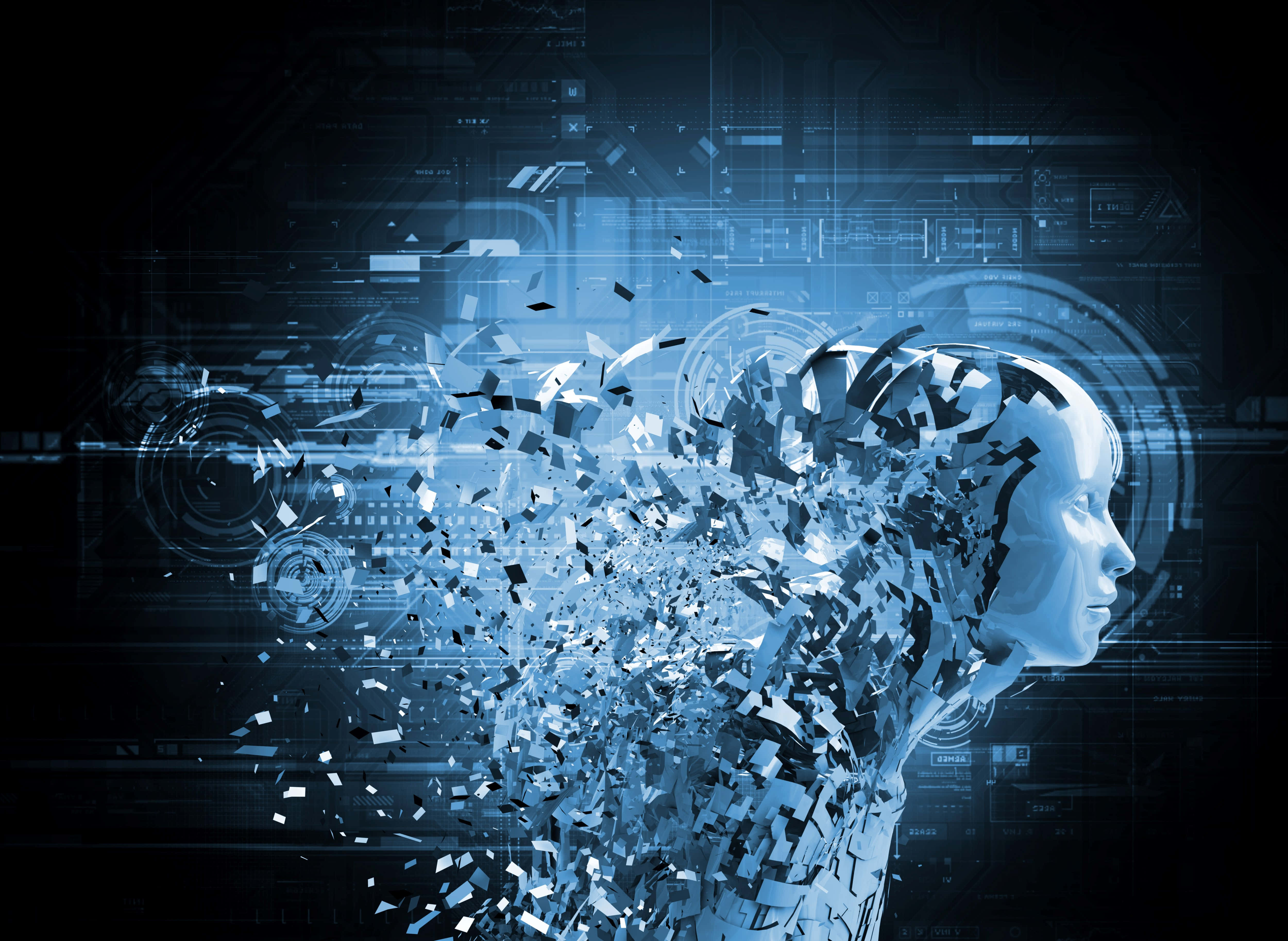 AI 桌布 壁紙 — 一個未來主義的人類頭部在發光的藍色科技介面背景上溶解成數位碎片。