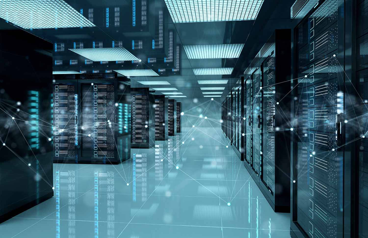 data 桌布 壁紙 — 一個未來主義的伺服器機房，發光的藍色數據流連接一排排黑色伺服器機架，上方有明亮的頂燈。