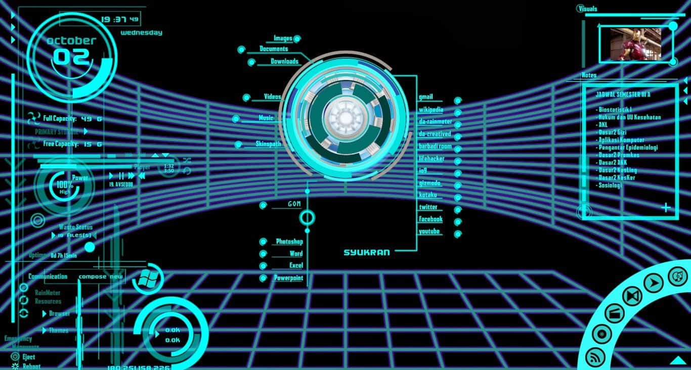 Iron Man Technology 桌布 壁紙 — 一個未來主義的全息介面，帶有發光的青色數據面板和一個中央圓形控制中心，背景為深色網格。