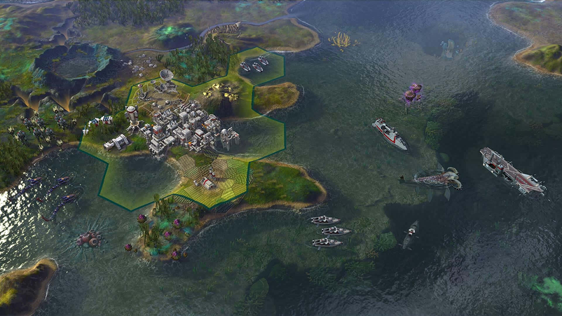 HD Civilization Beyond Earth 桌布 壁紙 — 一個未來主義的六邊形定居點漂浮在綠色的海洋上，周圍環繞著時尚的戰艦和外星飛船。