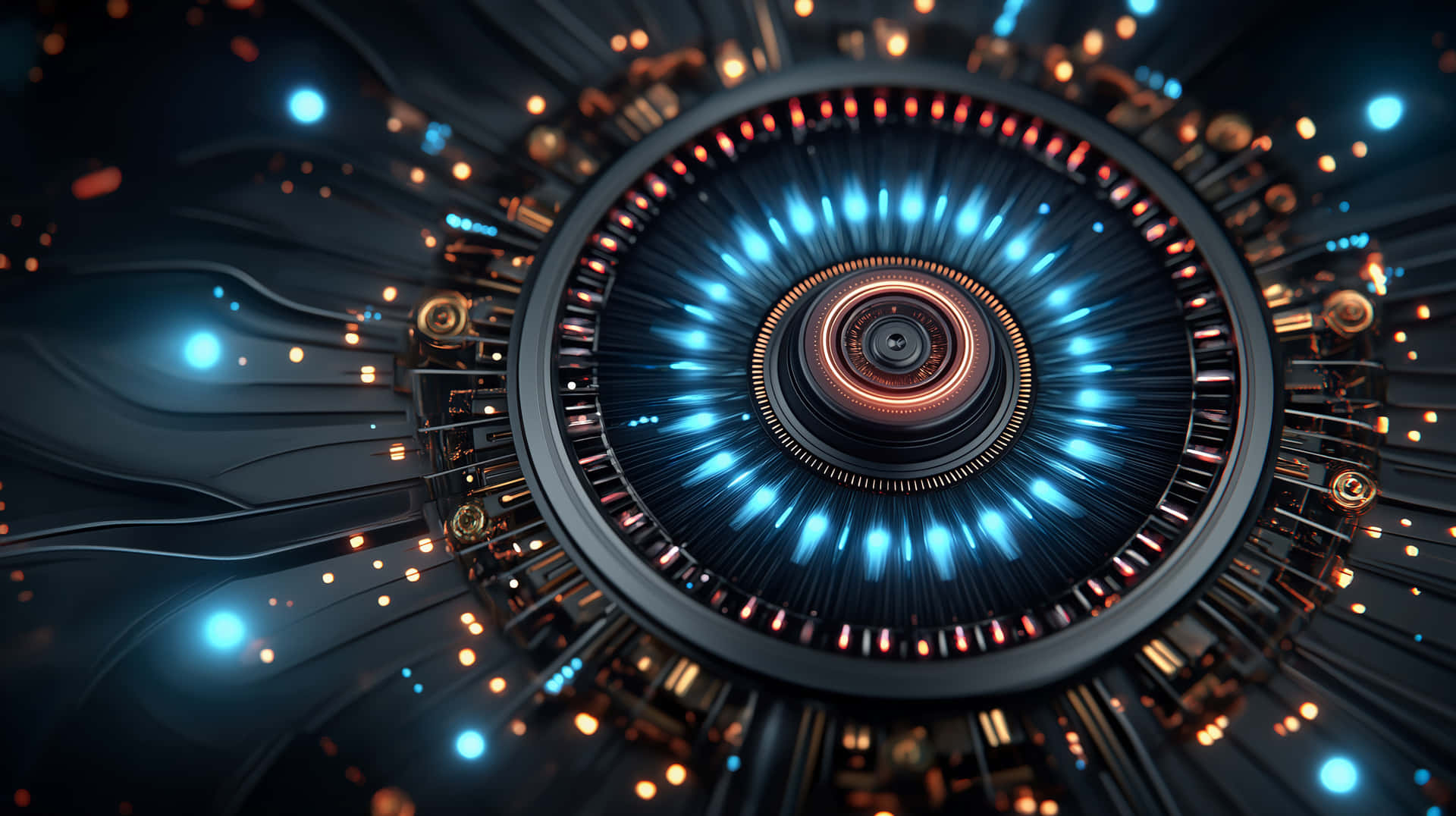 Abstract Futuristic Core with Glowing Lights and Circuitry 壁紙 — 一個未來主義的圓形介面，帶有發光的藍色和橙色光線，在黑暗的科技背景下向外輻射。