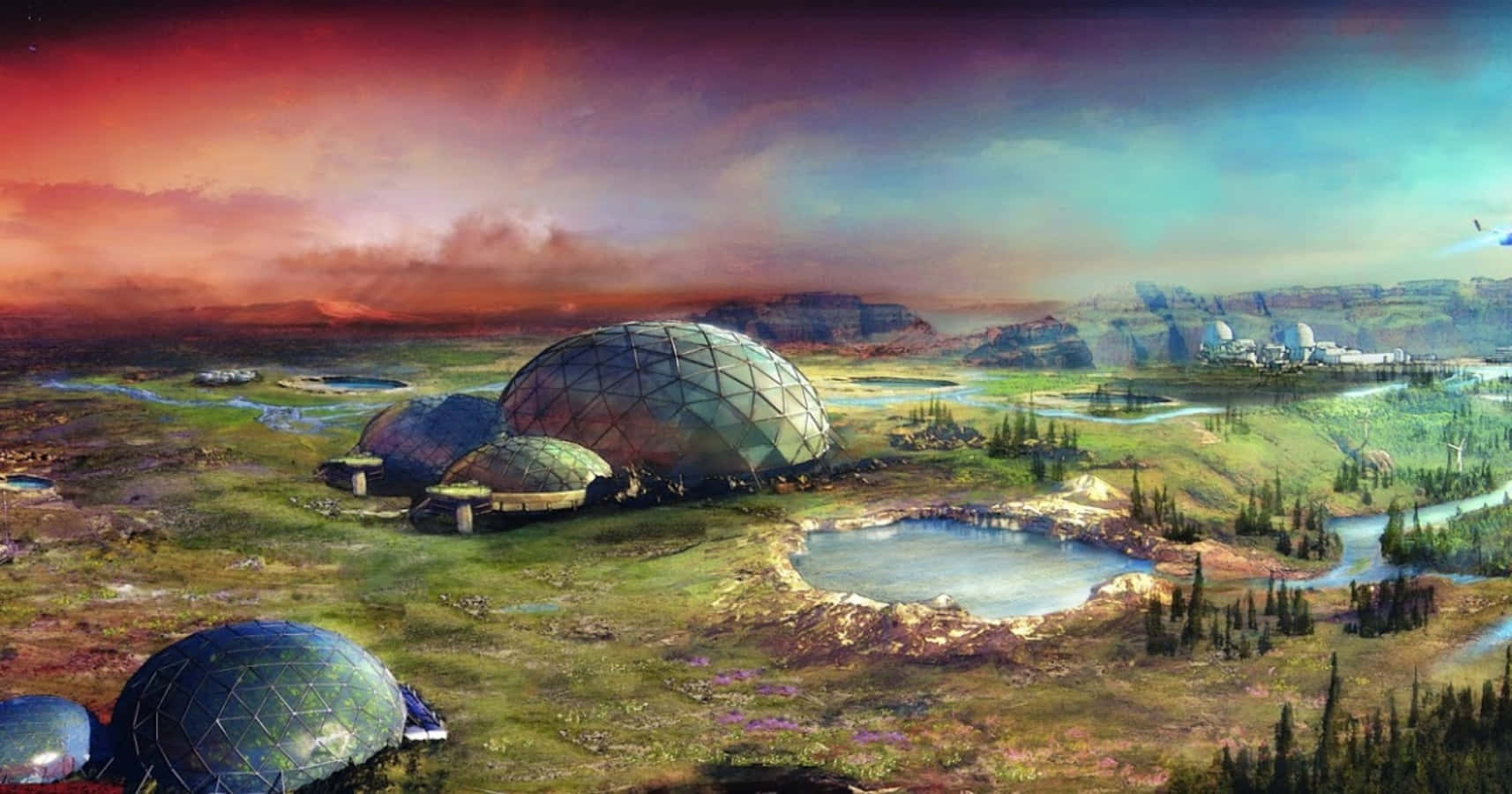 Terraforming 桌布 壁紙 — 一個未來主義的圓頂定居點，坐落在充滿活力的外星山谷中，天空燃燒著夕陽。