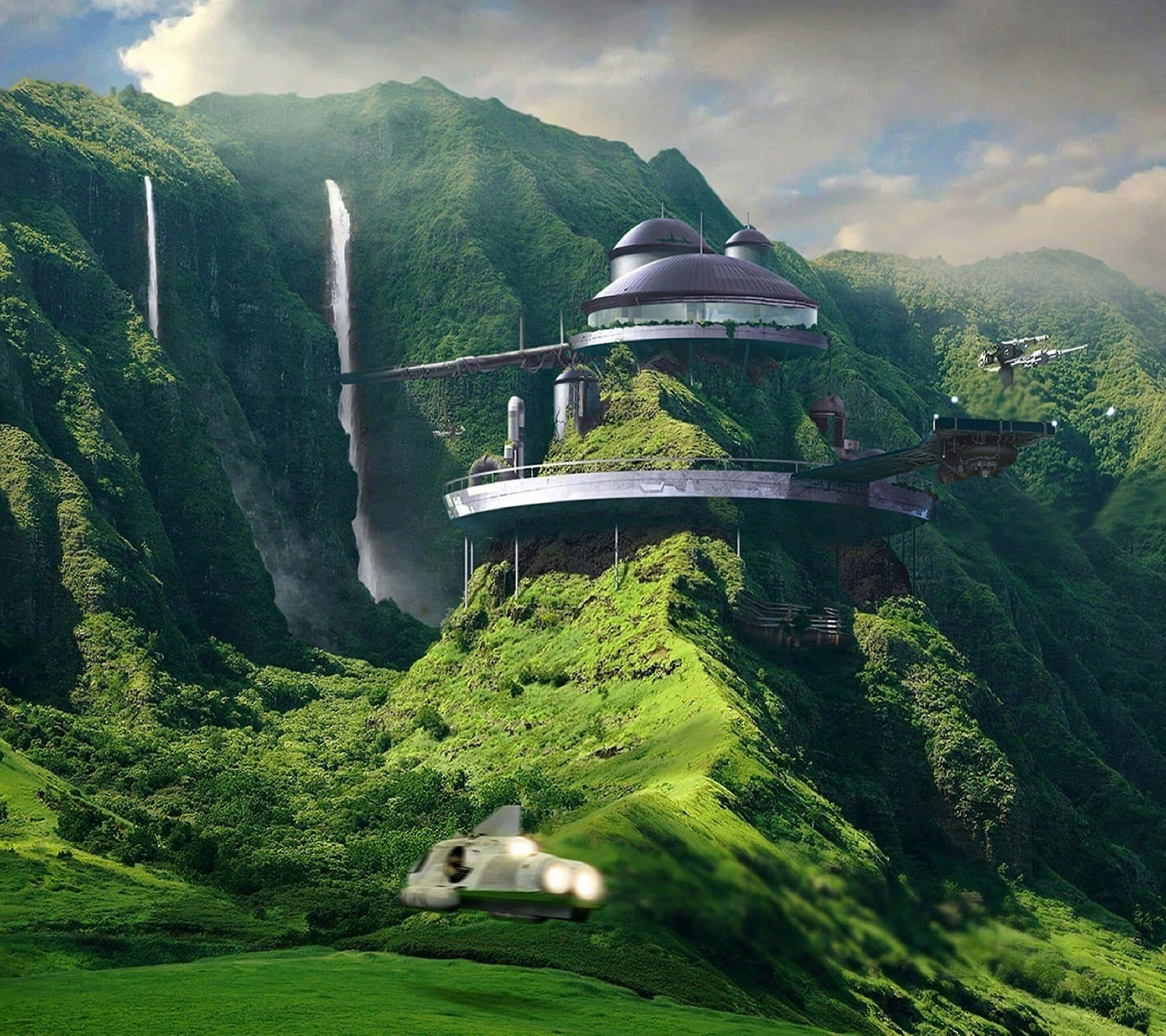 風景 桌布 壁紙 — 一個未來主義的圓頂形太空站，坐落在鬱鬱蔥蔥的綠色山脈上，附近有瀑布和星際戰鬥機飛過。
