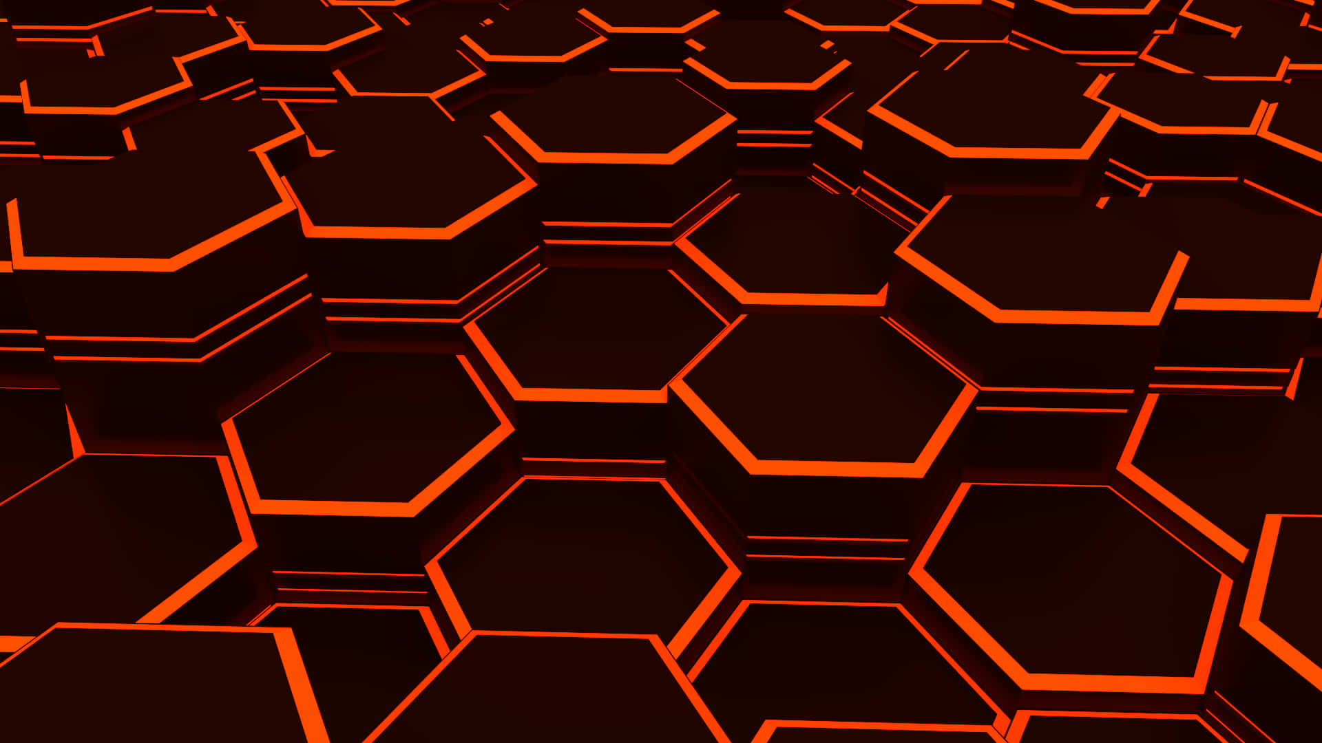 Honeycomb 桌布 壁紙 — 一個未來主義的圖案，由發光的橙色六邊形排列在3D網格中，背景為深色。