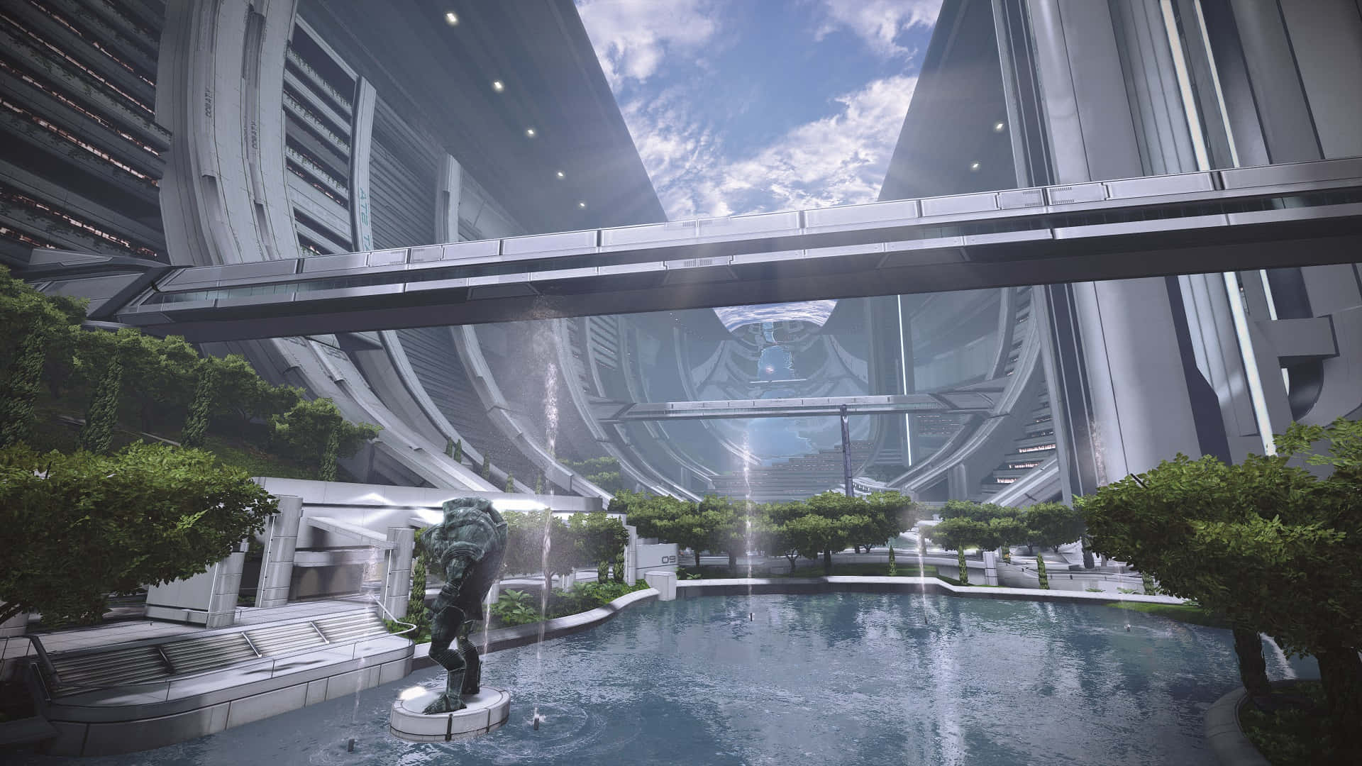 Mass Effect Citadel 桌布 壁紙 — 一個未來主義的城市景觀，擁有時尚的金屬建築、中央噴泉和茂密的綠色植物，在明亮的藍天下。