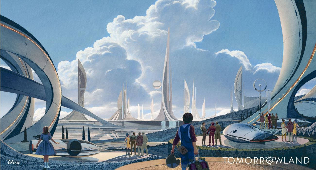 Tomorrowland Movie 桌布 壁紙 — 一個未來主義的城市景觀，擁有高聳的尖塔和彎曲的建築，在明亮的藍天和蓬鬆的白雲下。