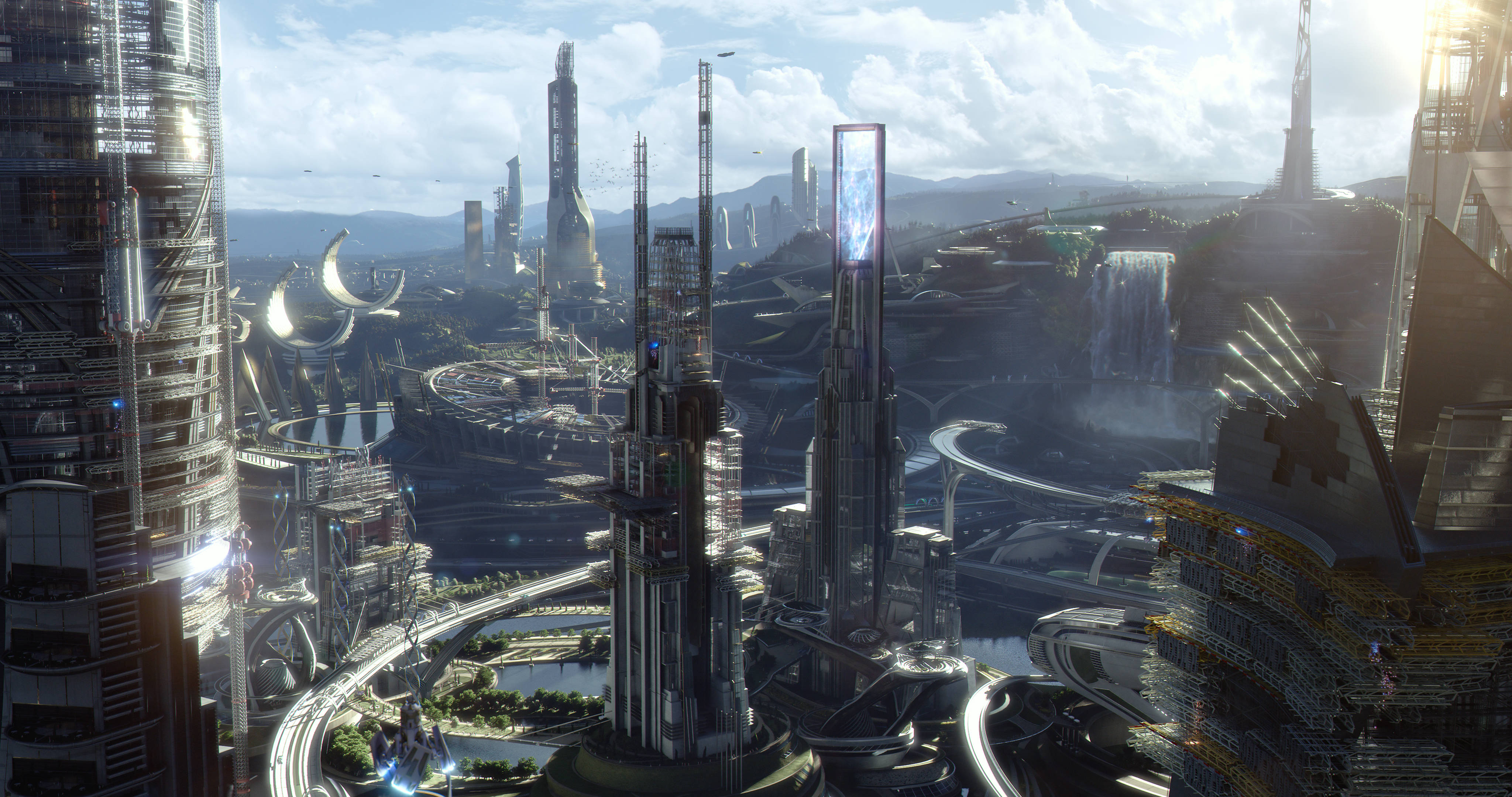 Tomorrowland Movie 桌布 壁紙 — 一個未來主義的城市景觀，擁有高聳的金屬摩天大樓、發光的藍色能量核心，以及在明亮陽光下蜿蜒的高架道路。