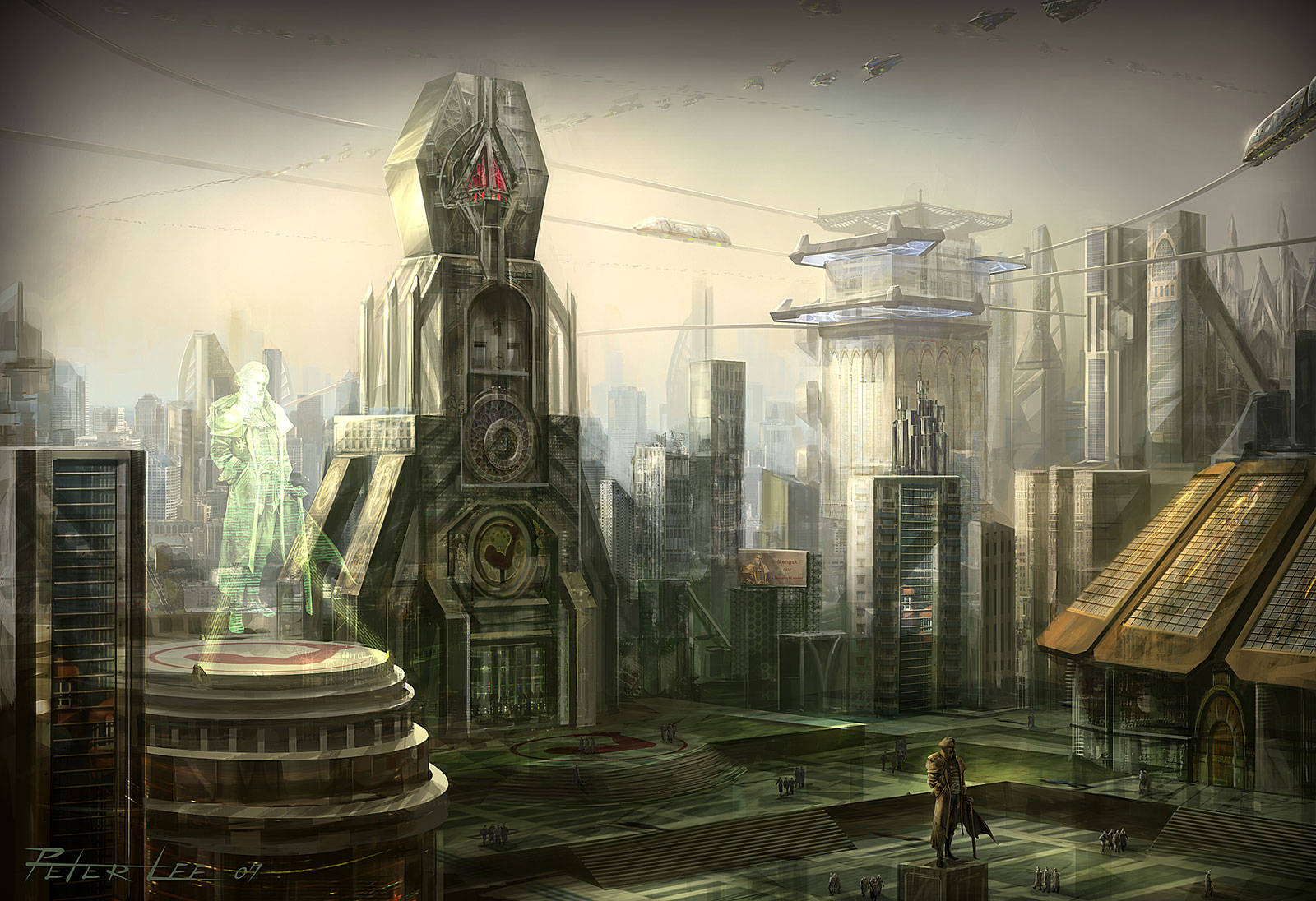 Starcraft 2 桌布 壁紙 — 一個未來主義的城市景觀，有高聳的金屬摩天大樓、飛行車輛，以及一個孤獨的身影站在霧氣瀰漫的廣場上，天空朦朧。