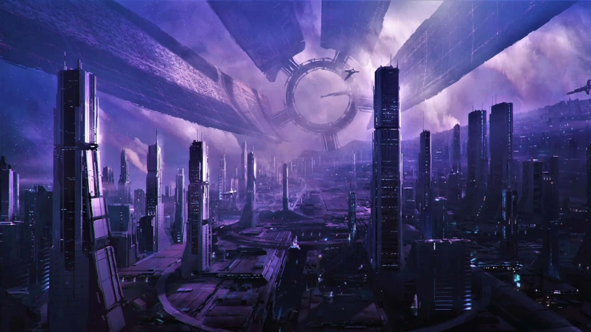 Mass Effect Citadel 桌布 壁紙 — 一個未來主義的城市景觀，沐浴在紫色光線中，有高聳的摩天大樓和一個巨大的環形太空船懸浮在上方。