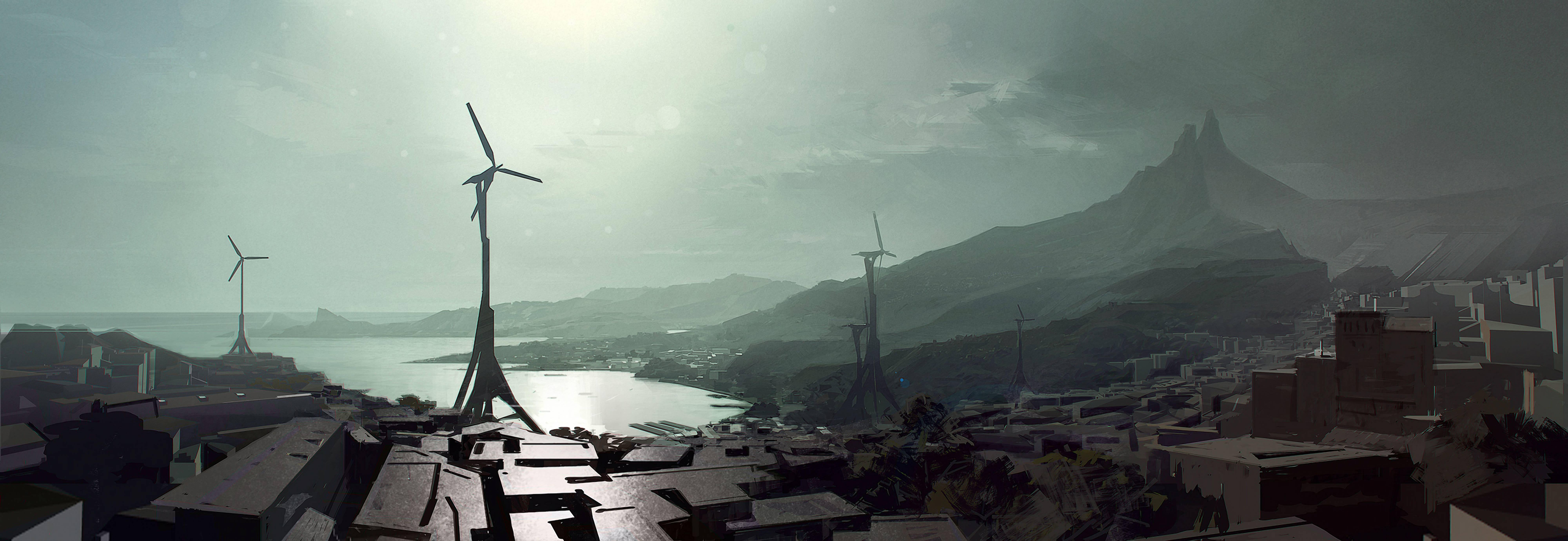 Dishonored 2 桌布 壁紙 — 一個未來主義的城市景觀，聳立的風力渦輪機俯瞰著霧氣瀰漫的海灣，背景是戲劇性的山脈，天空朦朧。