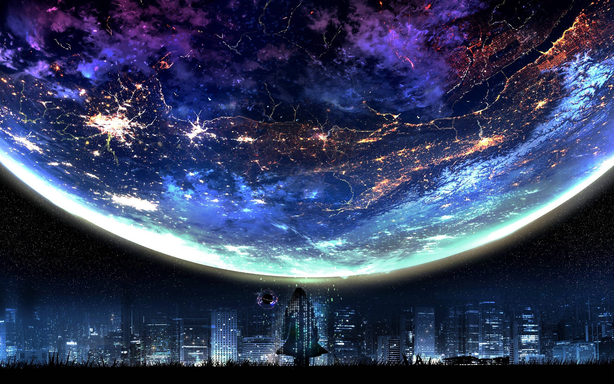動畫 桌布 壁紙 — 一個未來主義的城市景觀仰望一顆發光的行星，充滿活力的極光和城市燈光照亮其彎曲的地平線。