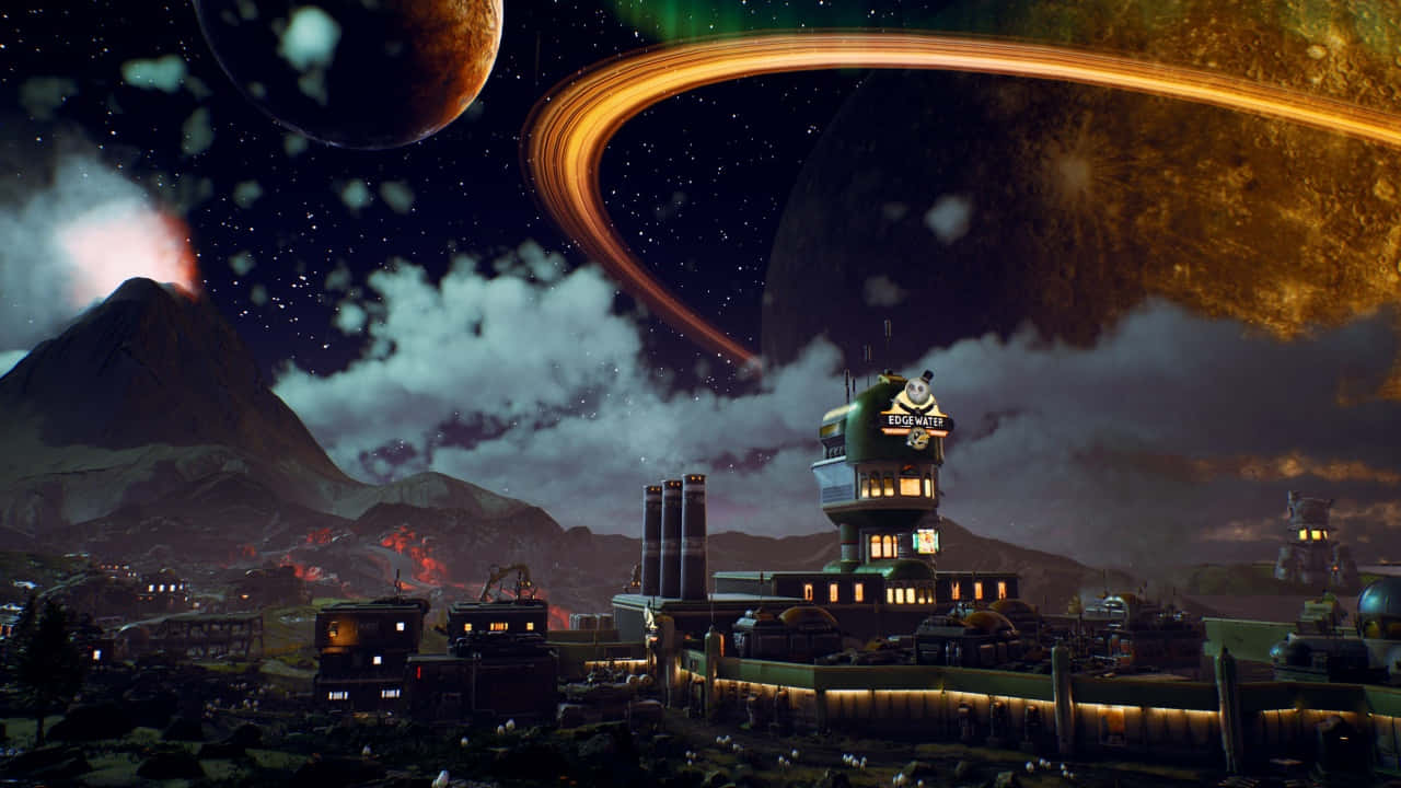 720p 桌布 壁紙 — 一個未來主義的外星城市在星空下發光，背景有巨大的環狀行星和火山山脈。