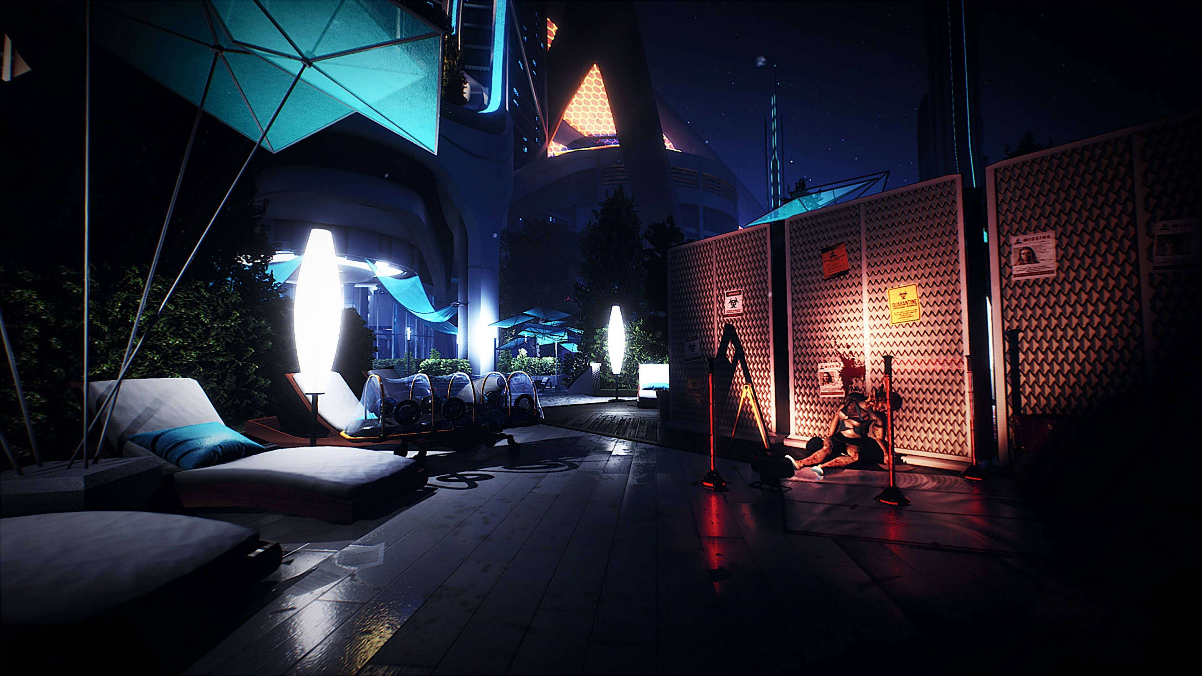 game 桌布 壁紙 — 一個未來主義的夜景，發光的霓虹燈照亮了躺椅和幾何結構，在星空下。