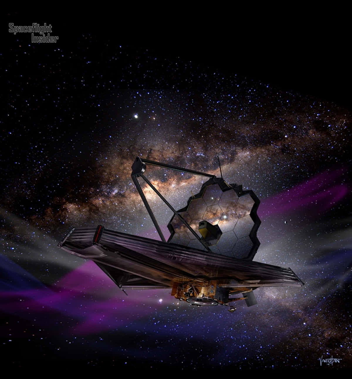 Telescope 桌布 壁紙 — 一個未來主義的太空望遠鏡漂浮在充滿星星和紫色星雲的鮮豔宇宙背景中。