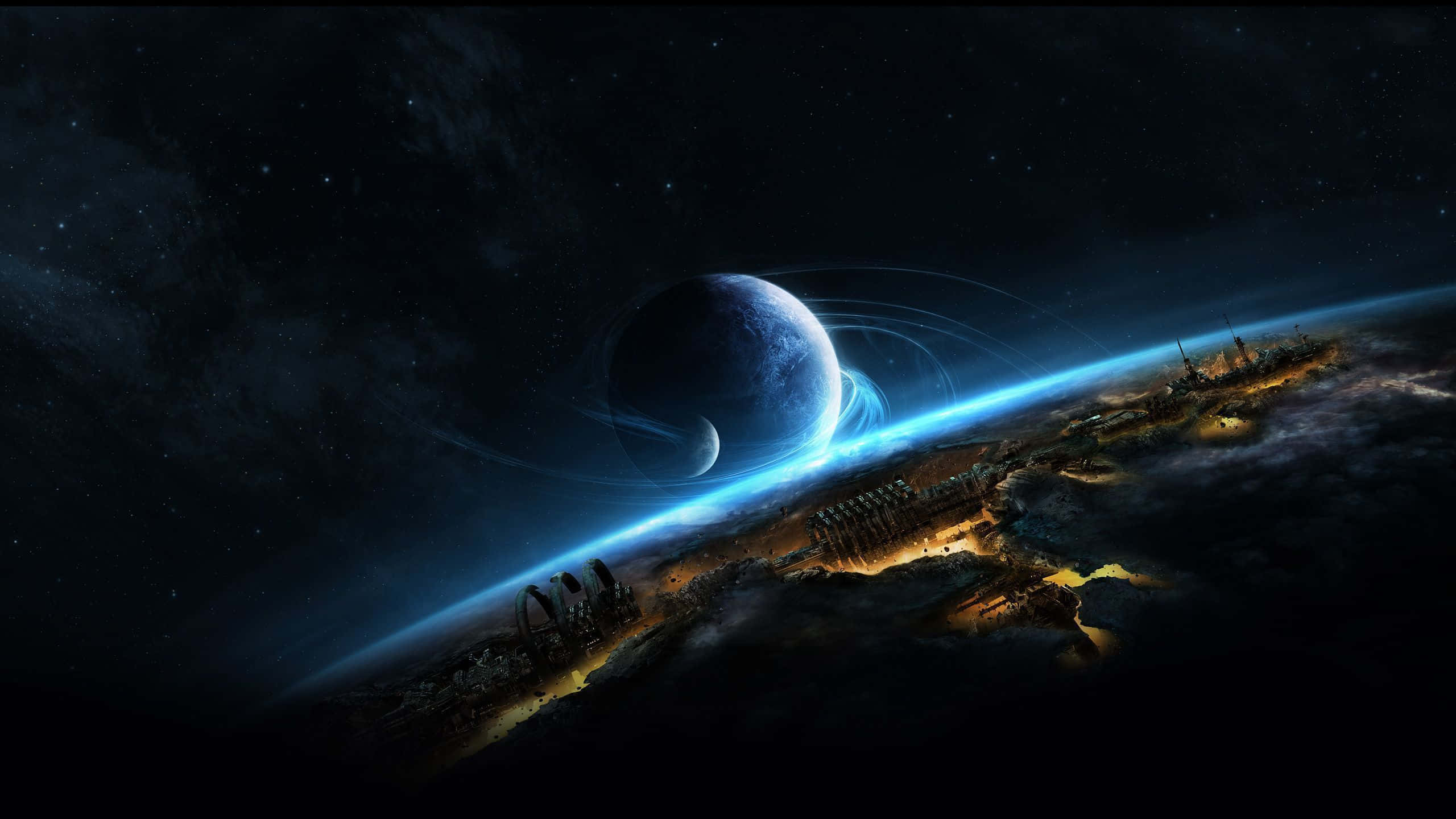 2560x1440 動態圖片 桌布 壁紙 — 一個未來主義的太空站圍繞著一顆帶有光環的發光藍色行星運行，背景是繁星點點的宇宙。