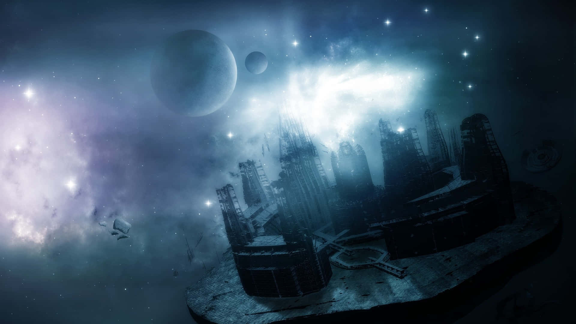 Fantasy Space 桌布 壁紙 — 一個未來主義的太空站漂浮在發光的星雲和遙遠的行星之間，在繁星點點的宇宙天空下。