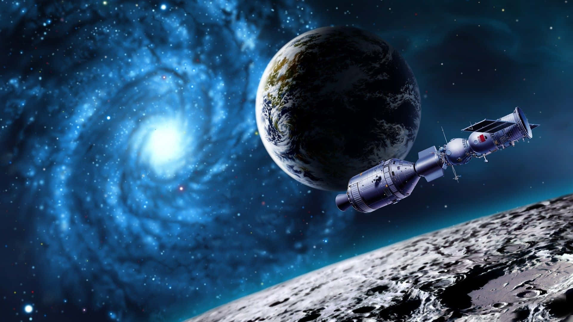 Satellite 桌布 壁紙 — 一個未來主義的太空站繞地球運行，背後有一個充滿活力的螺旋星系在黑暗的宇宙中發光。