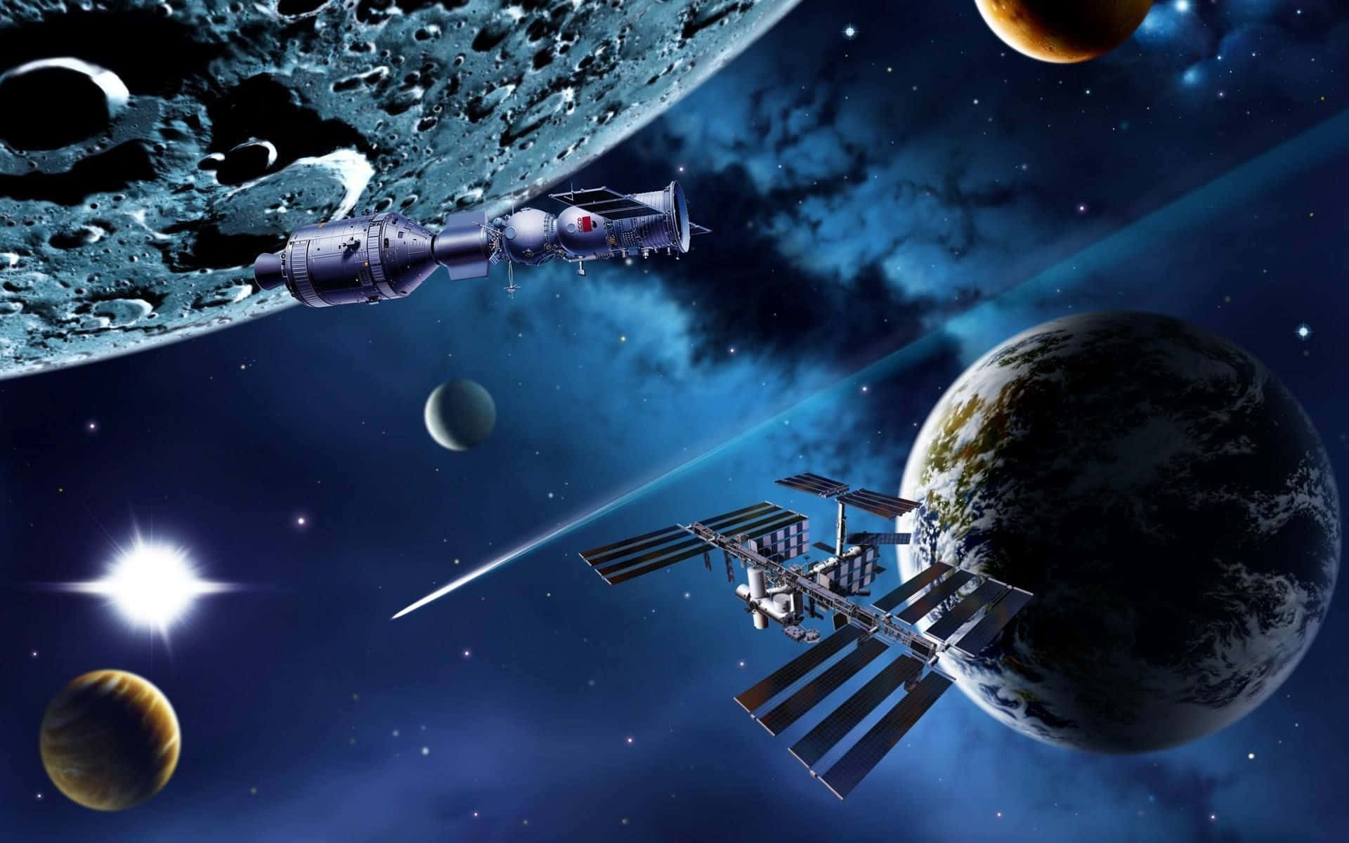 Space Exploration 桌布 壁紙 — 一個未來主義的太空站繞地球運行，一艘太空船飛過月球，背景是繁星點點的宇宙。