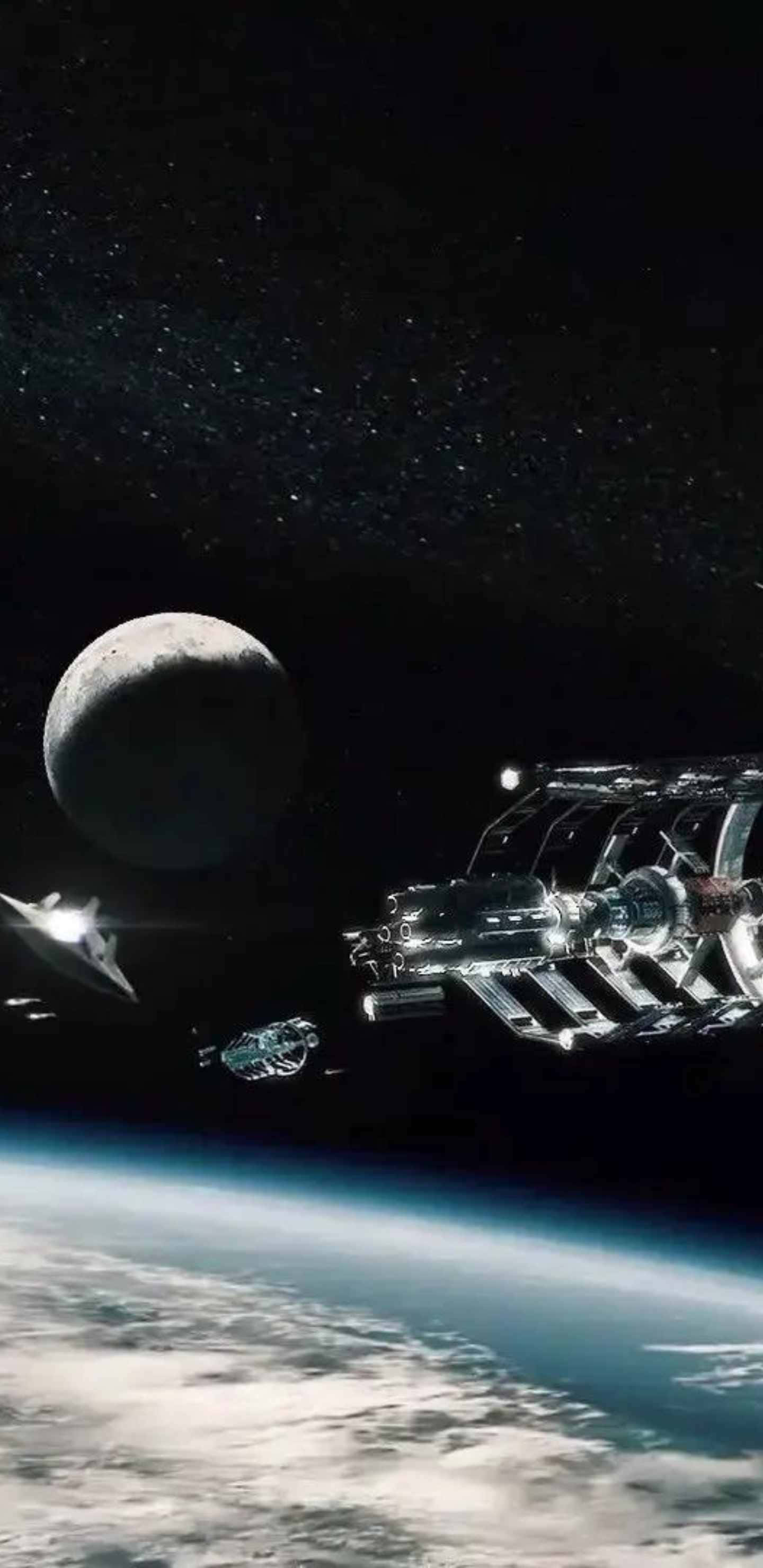 Pixel 3xl Civilization Beyond Earth 桌布 壁紙 — 一個未來主義的太空站繞著地球運行，背景是月亮和星空。