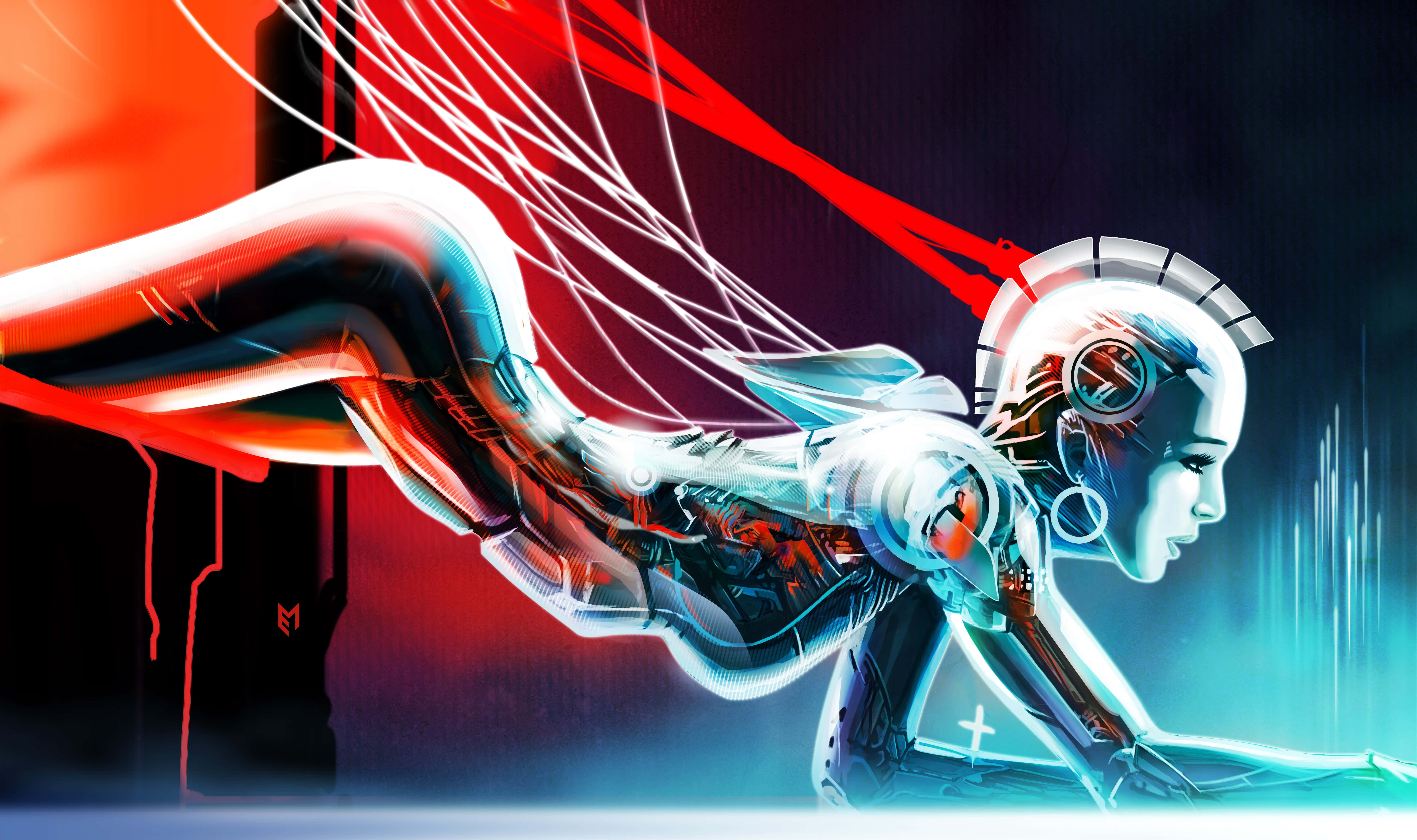 Conceptual Art 桌布 壁紙 — 一個未來主義的女性半機械人，帶有發光的藍色和紅色電路，在黑暗的數位背景上動態流動。