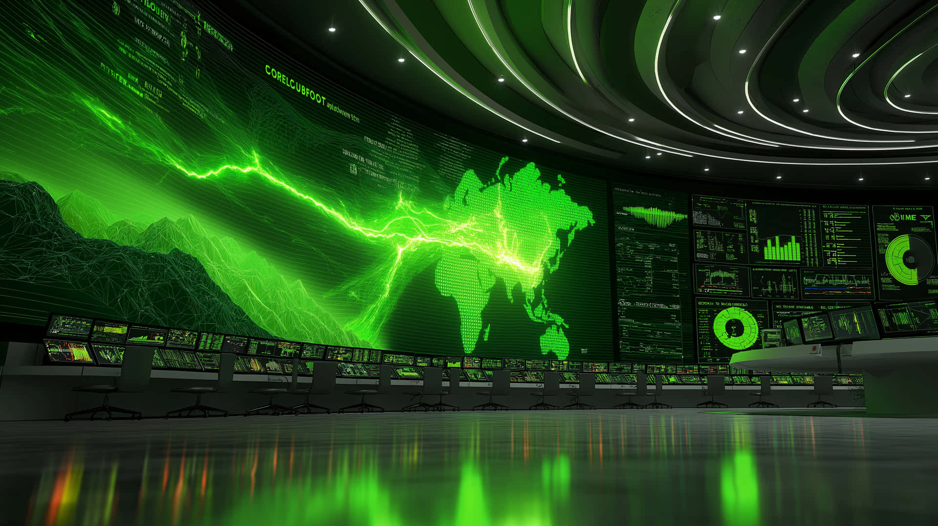 Central Command Hub Monitoring Global Energy Systems and Data 壁紙 — 一個未來主義的控制室，帶有發光的綠色數位顯示屏，顯示世界地圖和數據流，天花板呈弧形並配有霓虹燈。
