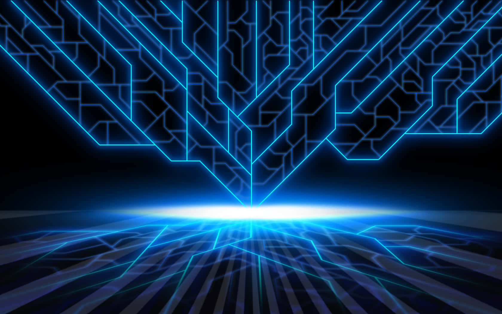 Digital 桌布 壁紙 — 一個未來主義的數位景觀，帶有從黑暗地板上的明亮光源輻射出的發光藍色電路圖案。