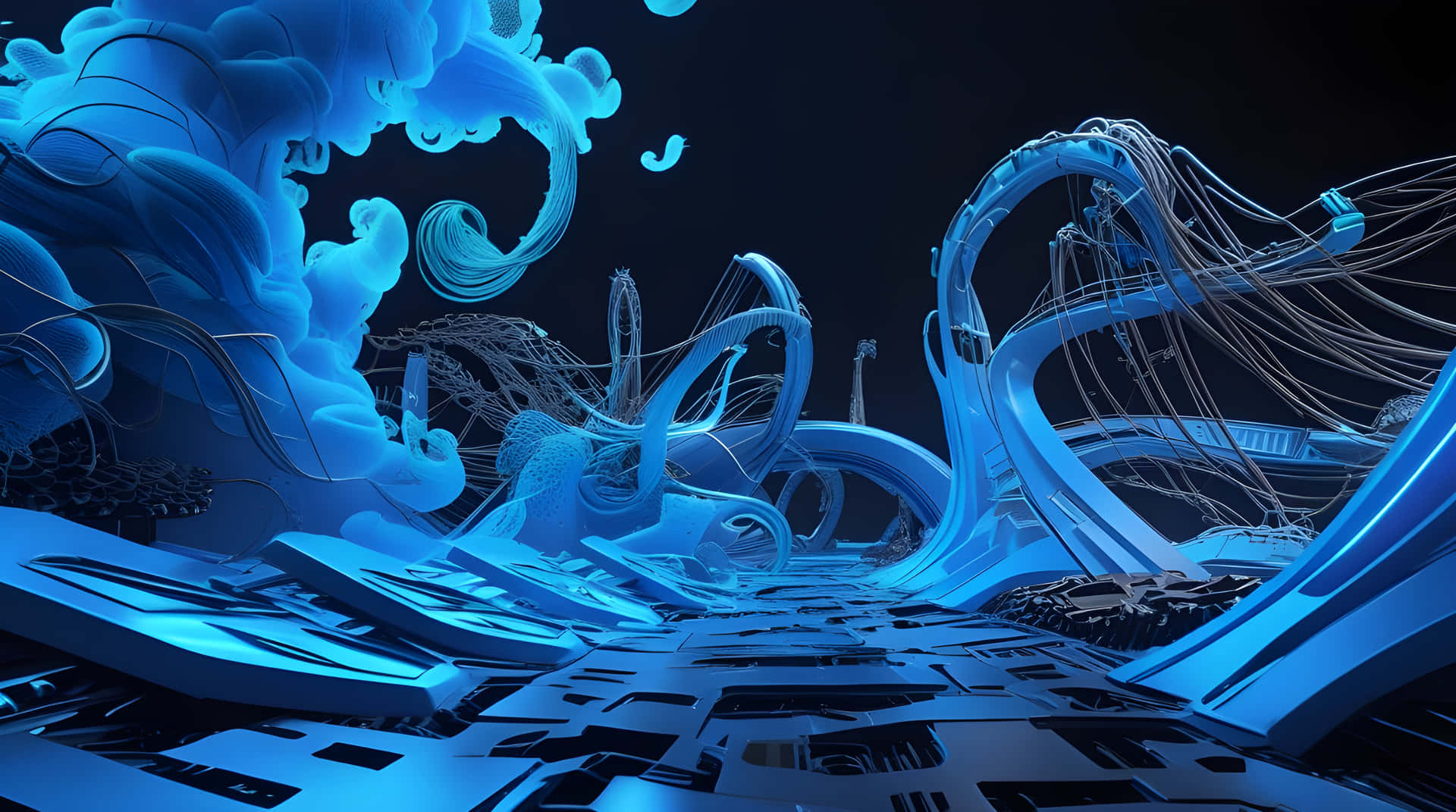 Best abstract background wallpaper 壁紙 — 一個未來主義的數位景觀，帶有發光的藍色電路和抽象數據流，流經黑暗虛空。