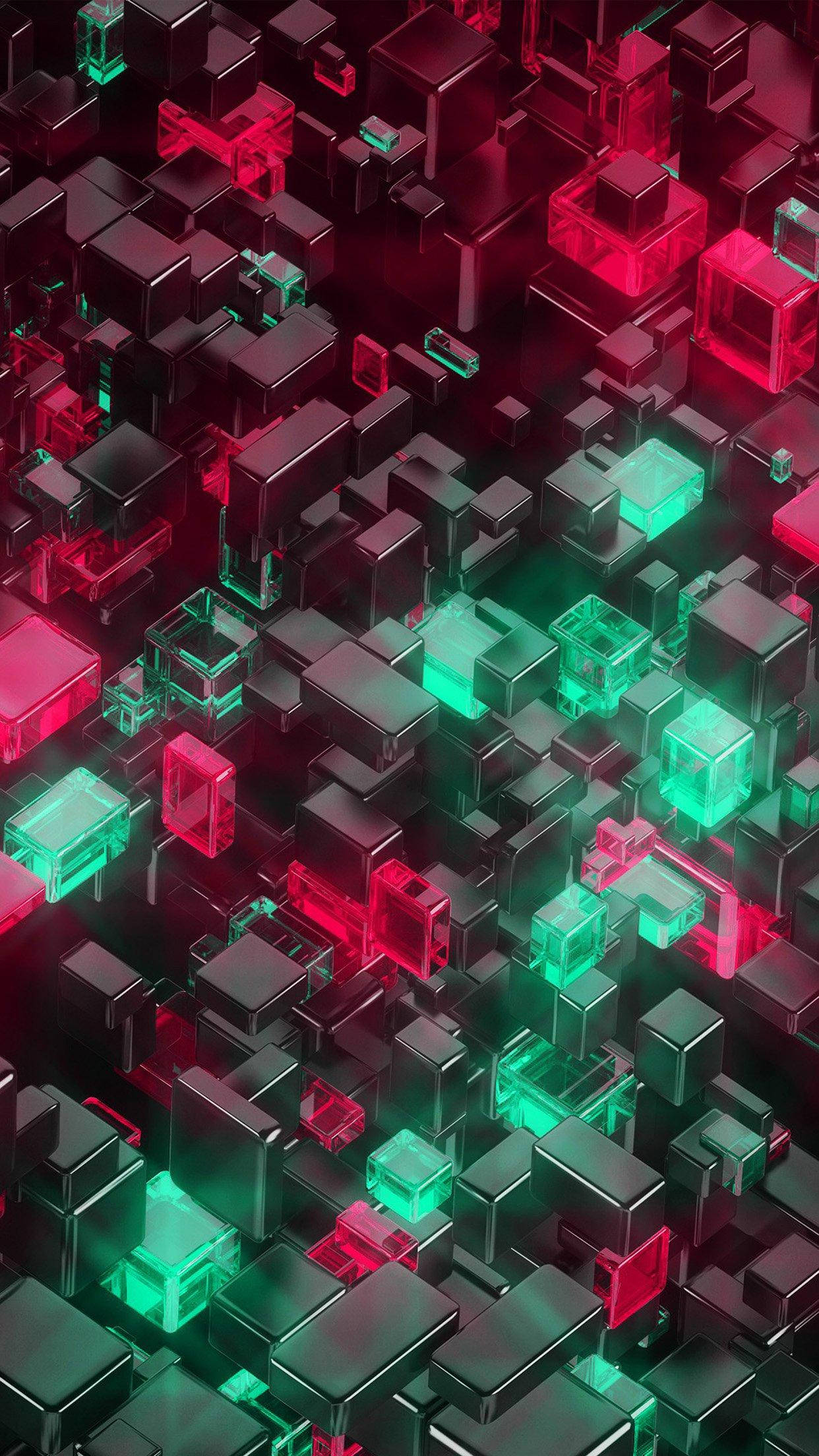 mobile 3d 桌布 壁紙 — 一個未來主義的數位景觀，由發光的紅色和綠色半透明立方體漂浮在深色霧面塊上方組成。