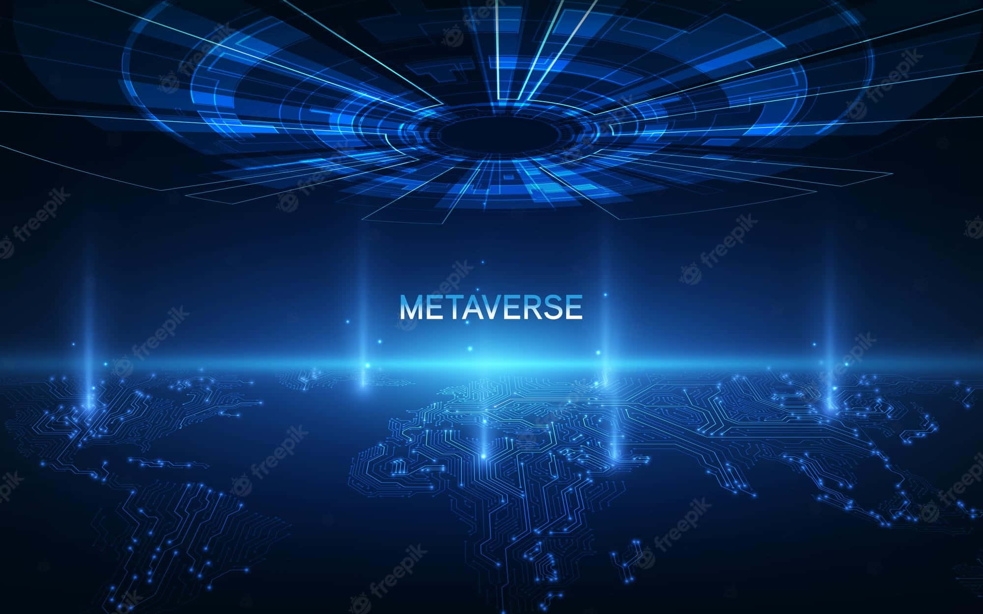 Metaverse 桌布 壁紙 — 一個未來主義的數位景觀，發光的藍色電路形成世界地圖，下方是輻射狀的圓形數據介面。