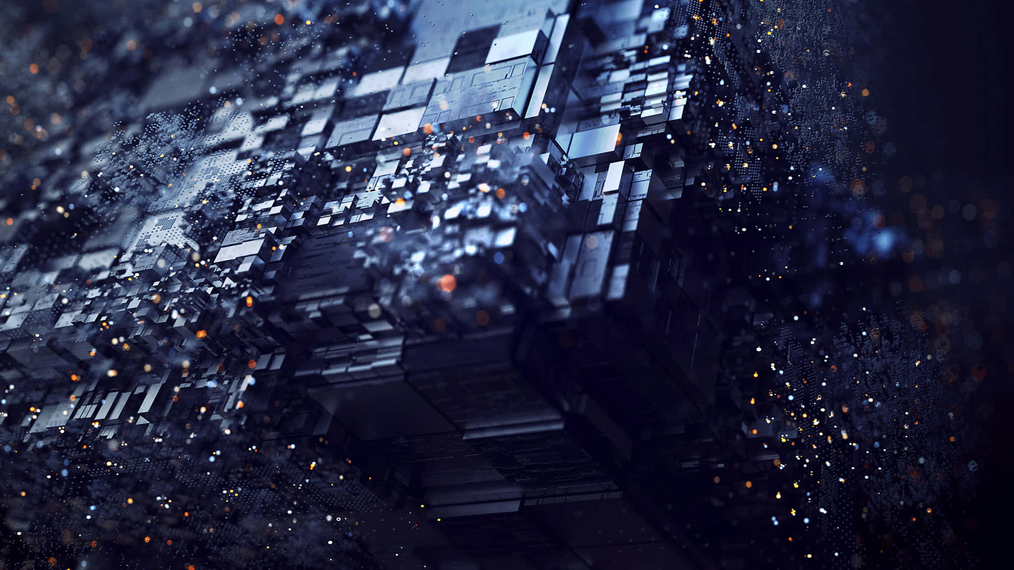2048x1152 桌布 壁紙 — 一個未來主義的數位立方體在黑暗的宇宙背景下碎裂成發光的粒子。