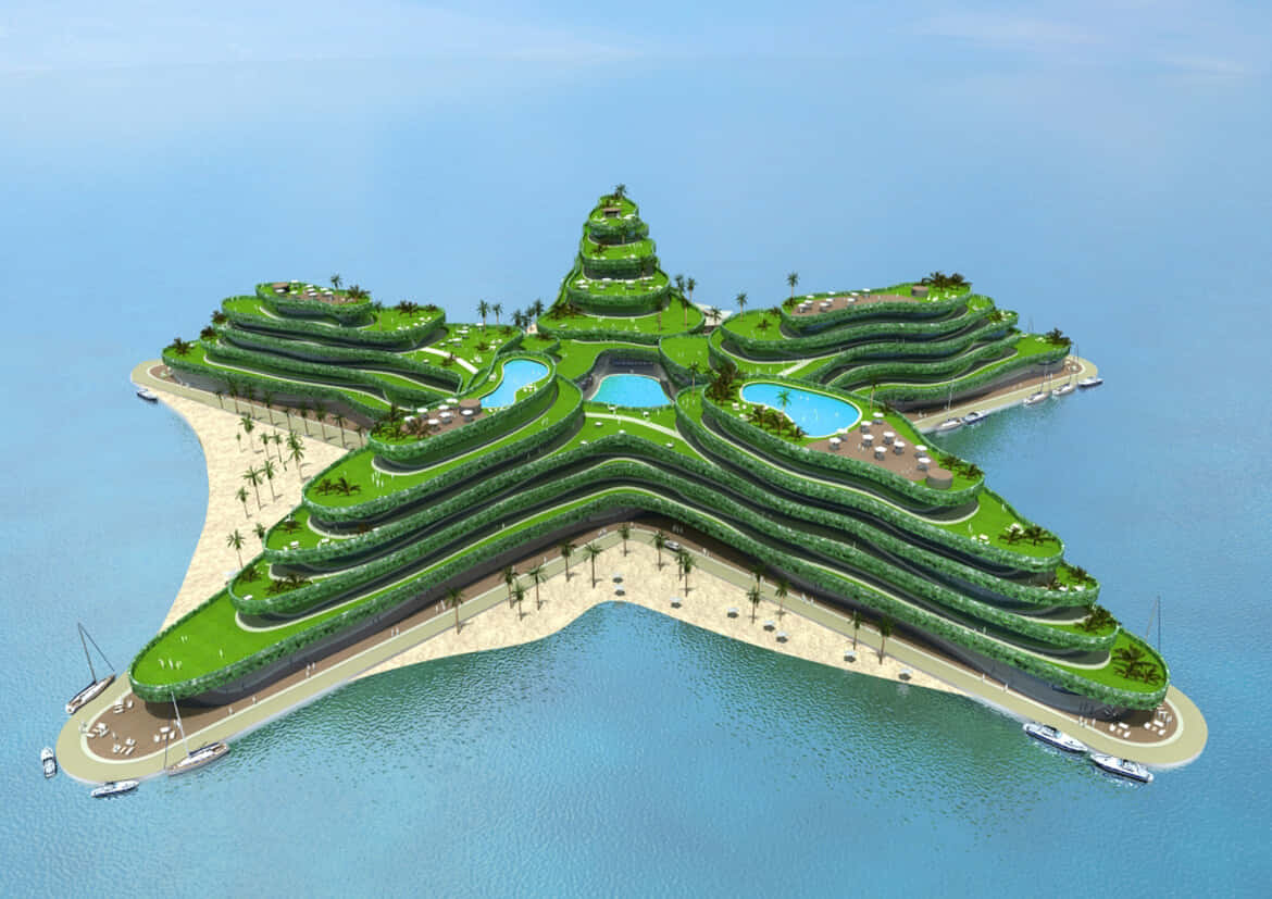 Maldives Island 桌布 壁紙 — 一個未來主義的星形島嶼度假村，設有梯田式綠化、游泳池和棕櫚樹，被平靜的藍色海洋環繞。