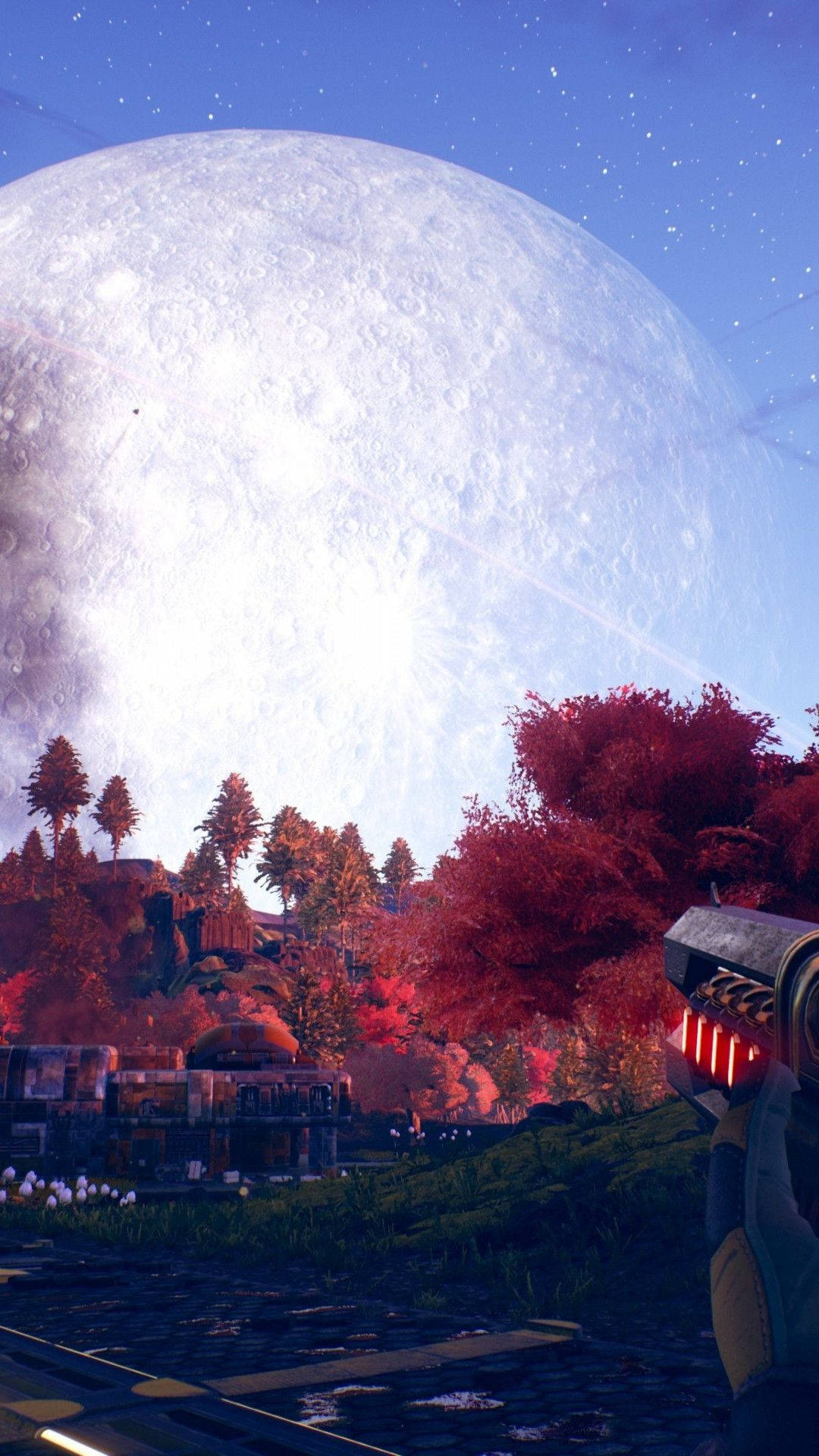 The Outer Worlds 桌布 壁紙 — 一個未來主義的景觀，巨大的隕石坑月亮主宰著天空，下方是紅色樹葉和外星結構。