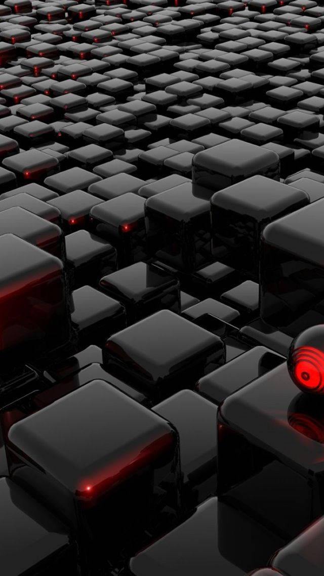 3d apple iPhone 桌布 壁紙 — 一個未來主義的景觀，由光滑的黑色立方體組成，表面嵌有發光的紅色燈光。