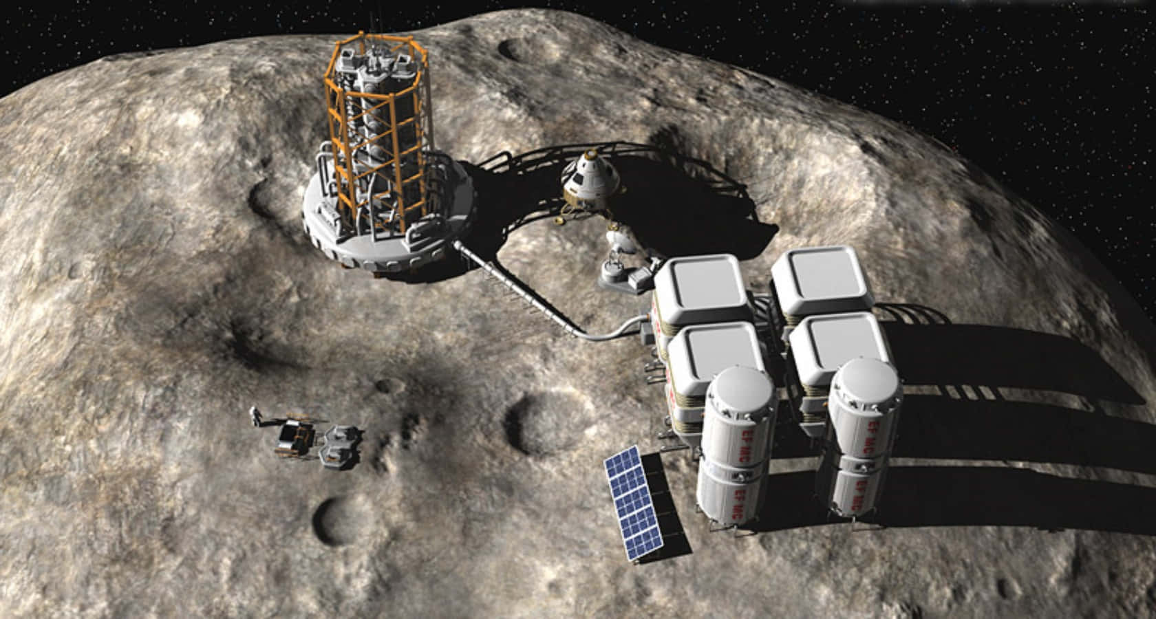Space Mining 桌布 壁紙 — 一個未來主義的月球基地，設有白色模組、太陽能板和月球車，位於佈滿隕石坑的灰色月球表面，上方是星空。