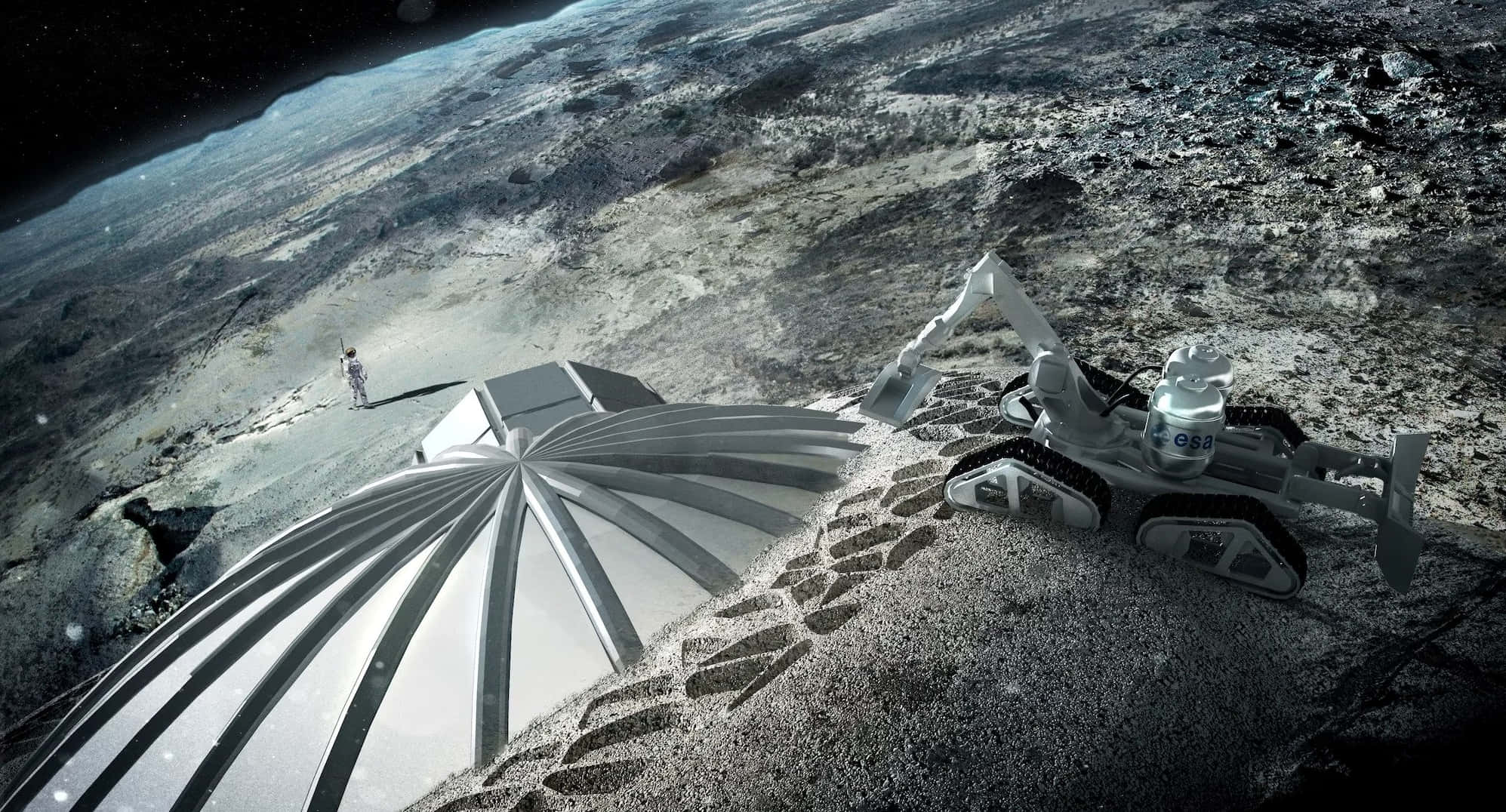 Space Mining 桌布 壁紙 — 一個未來主義的月球基地，配備機械挖掘機和太空人，在荒蕪的月球表面，星空下。